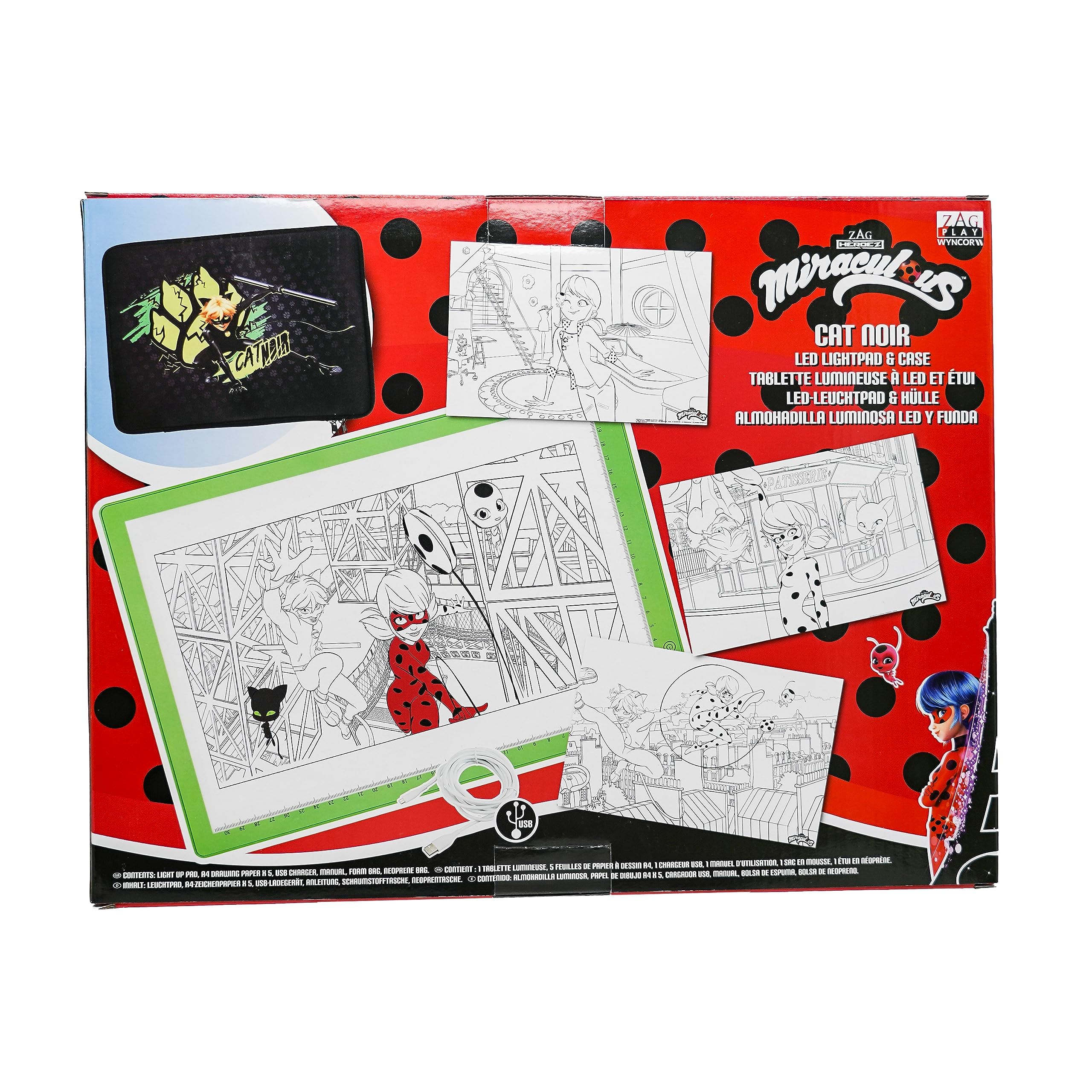 Miraculous Ladybug - A4 Leuchttisch, Neoprenhülle, Zeichenset mit USB-Ladegerät und Malvorlagen, Kunstbedarf für Kinder (Wyncor) (Grün - Cat Noir)