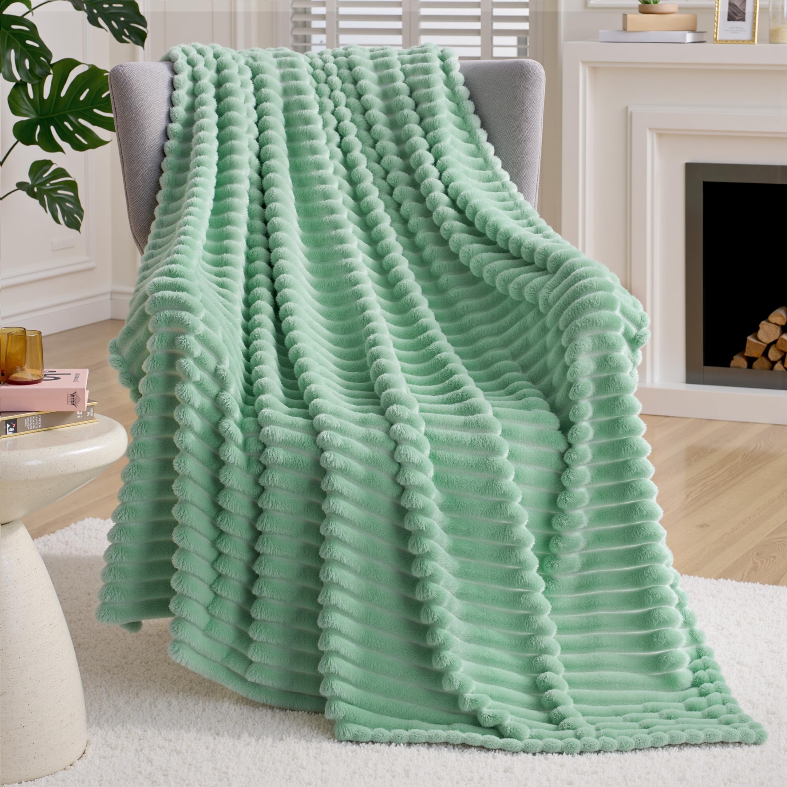 Joiedomi Throw Blanket for Couch, Soft Sage Green Fleece Blankets Birthday Gifts for Women Mom Girls, 3D Ribbed Jacquard Cozy Cute Throw Aesthetic Gifts 50x70 Inches