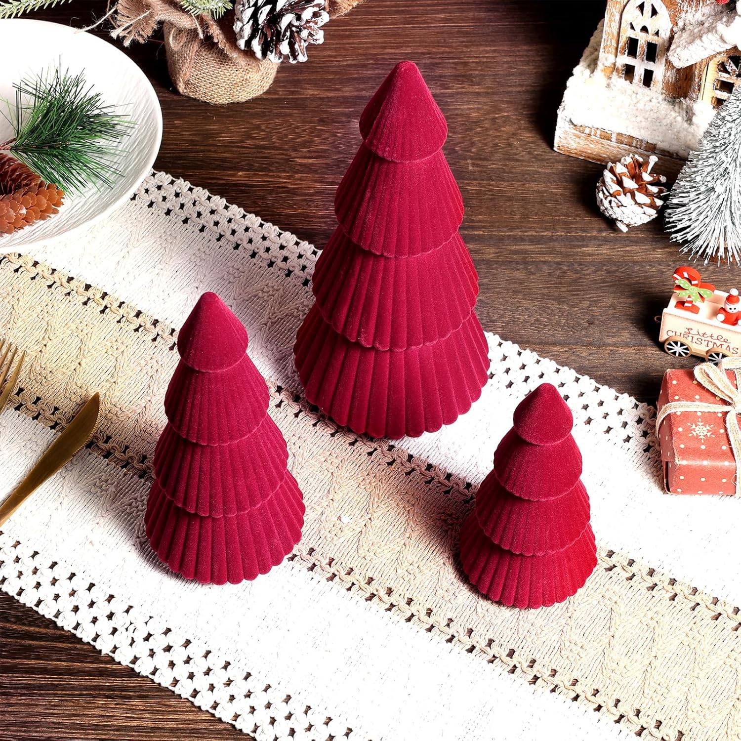 5 Pieces Christmas Velvet Trees Set Modern Christmas Decor 4 Szies Christmas Velvet Cone Trees Table Decoration Winter Decoration for Entryway Mantle Farmhouse(Wine Red)