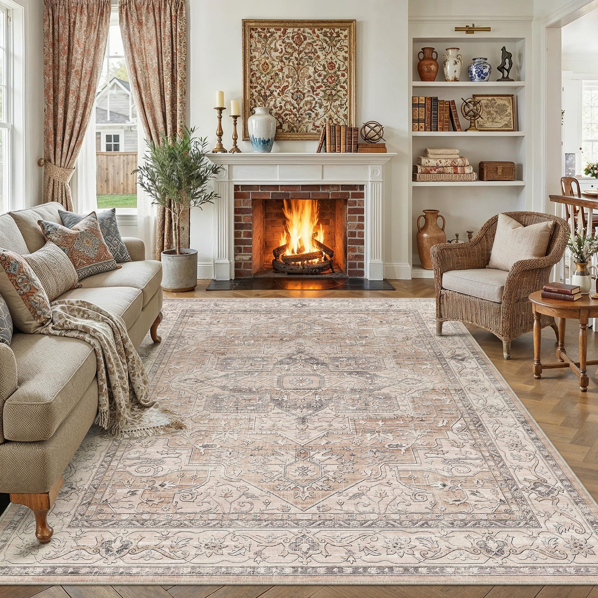 PureCozy Vintage Coral Rugs Living Room Area Rug 200x300cm Washable Non Slip Carpet Bedroom Bedside Office Kitchen Dining Room Indoor Low Pile Soft Large Retro Carpets