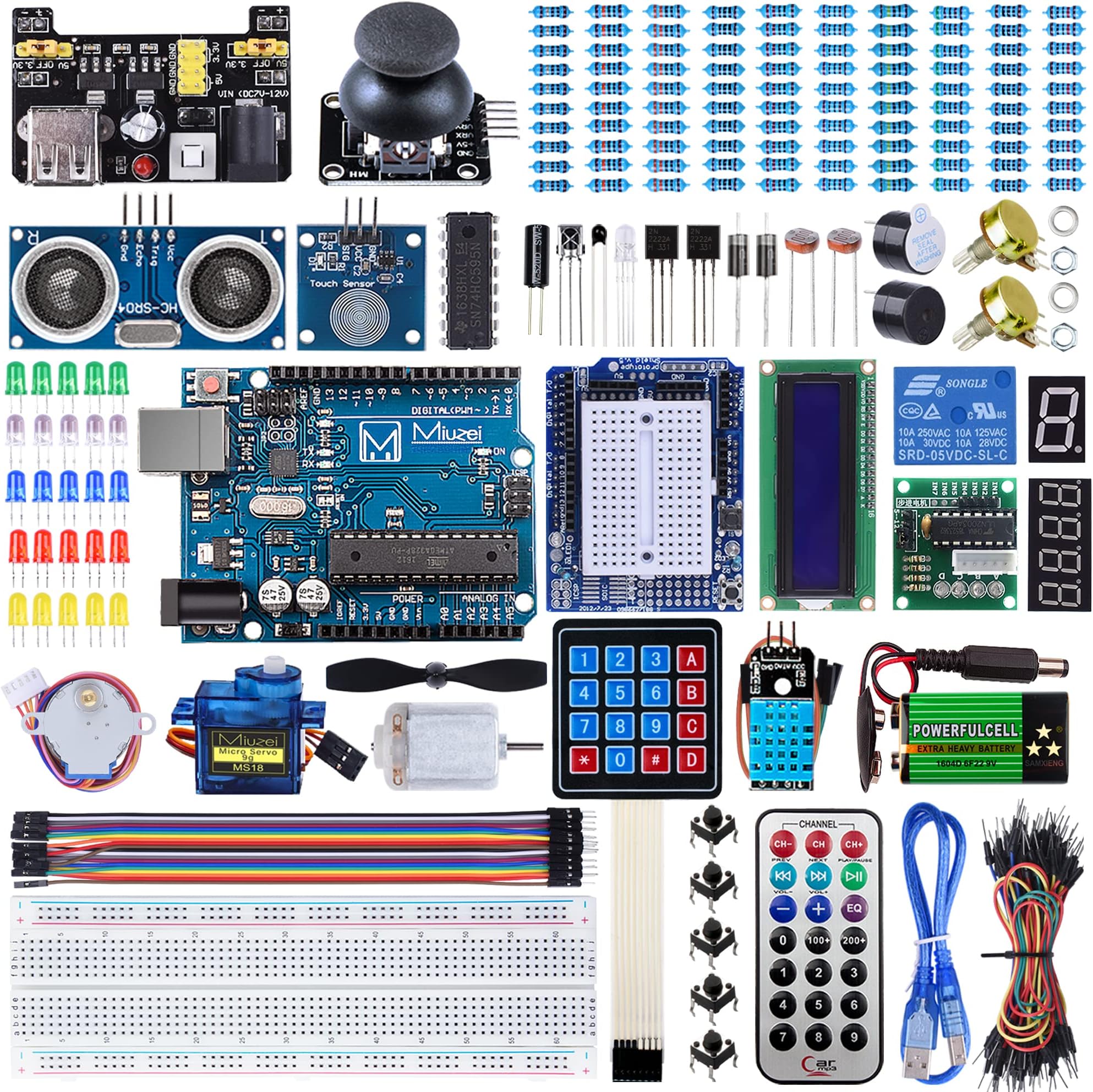 Miuzei Starter Kit Compatible with Arduino Projects LCD1602 Module, Breadboard, Servo, 9V 1A Power Supply, sensors, LEDs, Detailed Tutorial