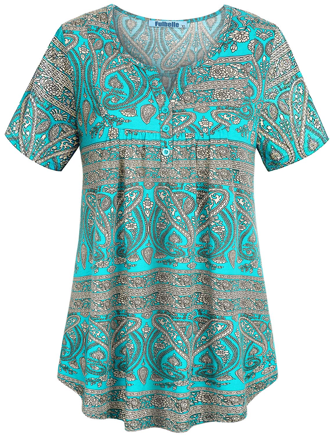 Fulbelle Women Plus Size Tunic Tops Henley V Neck Long Sleeve Loose Floral Shirt XL-4XL