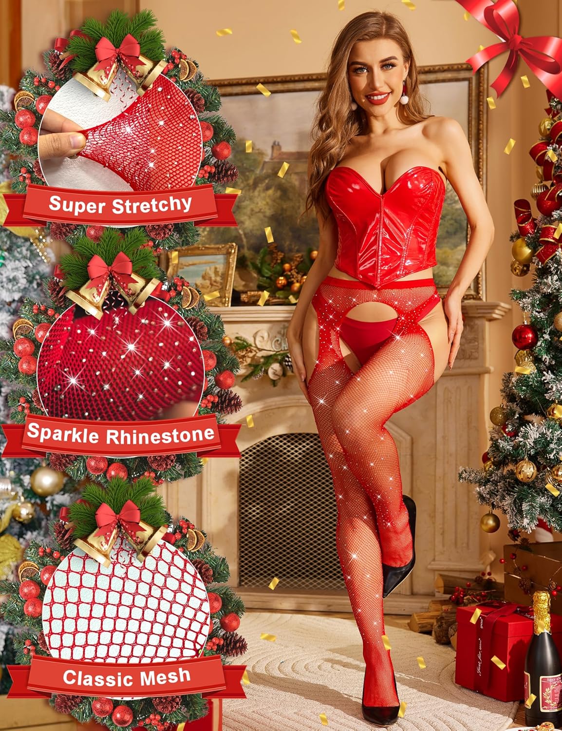 RSLOVE Fishnet Stockings Rhinestone High Waist Tights Pantyhose Women's Sexy Sparkle Stockings - Image 4