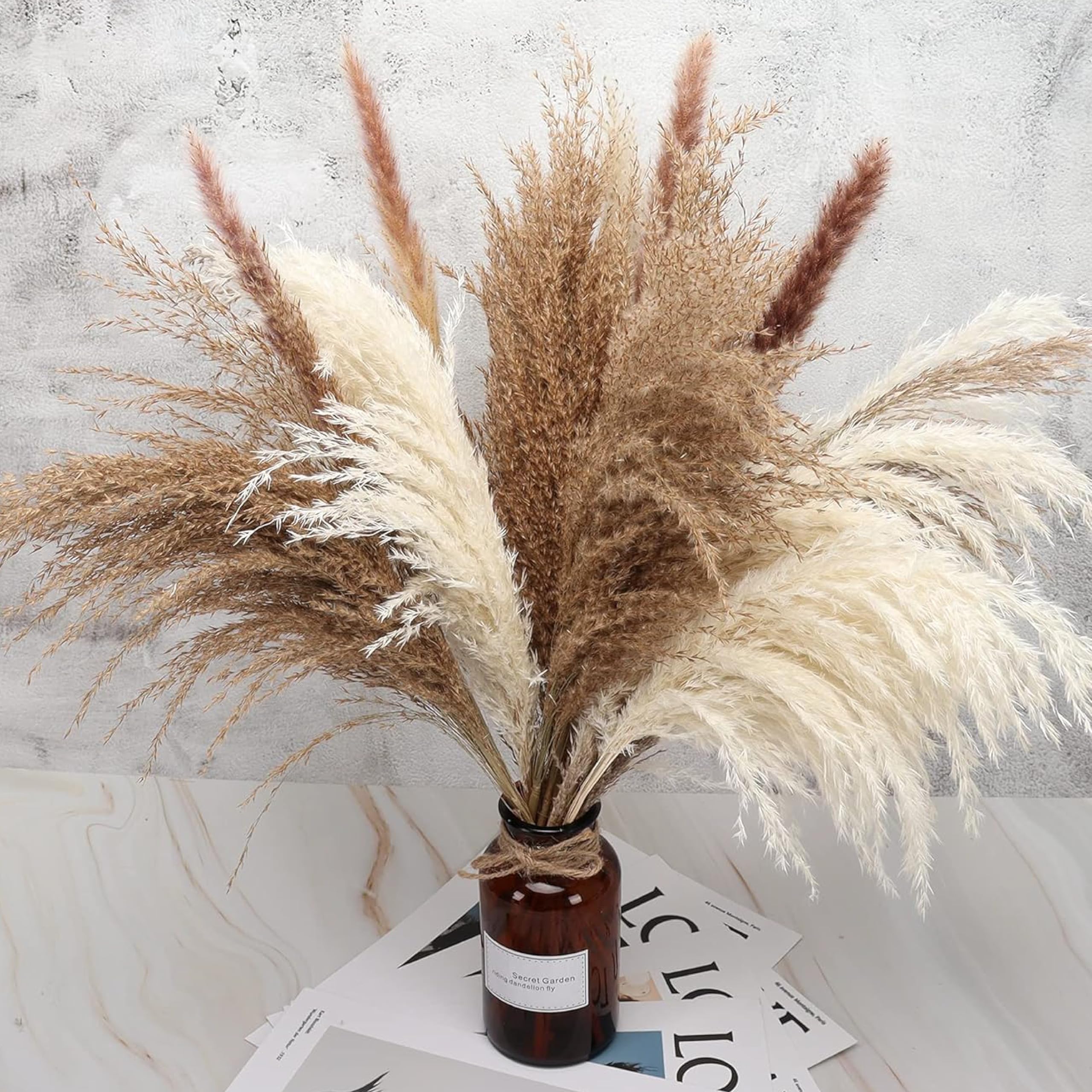 Pampasgras-Dekoration, 43,2 cm, 20 weiße und 20 braune getrocknete Pampasgrasstiele, flauschiges Pompasgras für Boho-Dekor, Hochzeit, Babyparty, Couchtisch und Blumenarrangements, 40 Stück