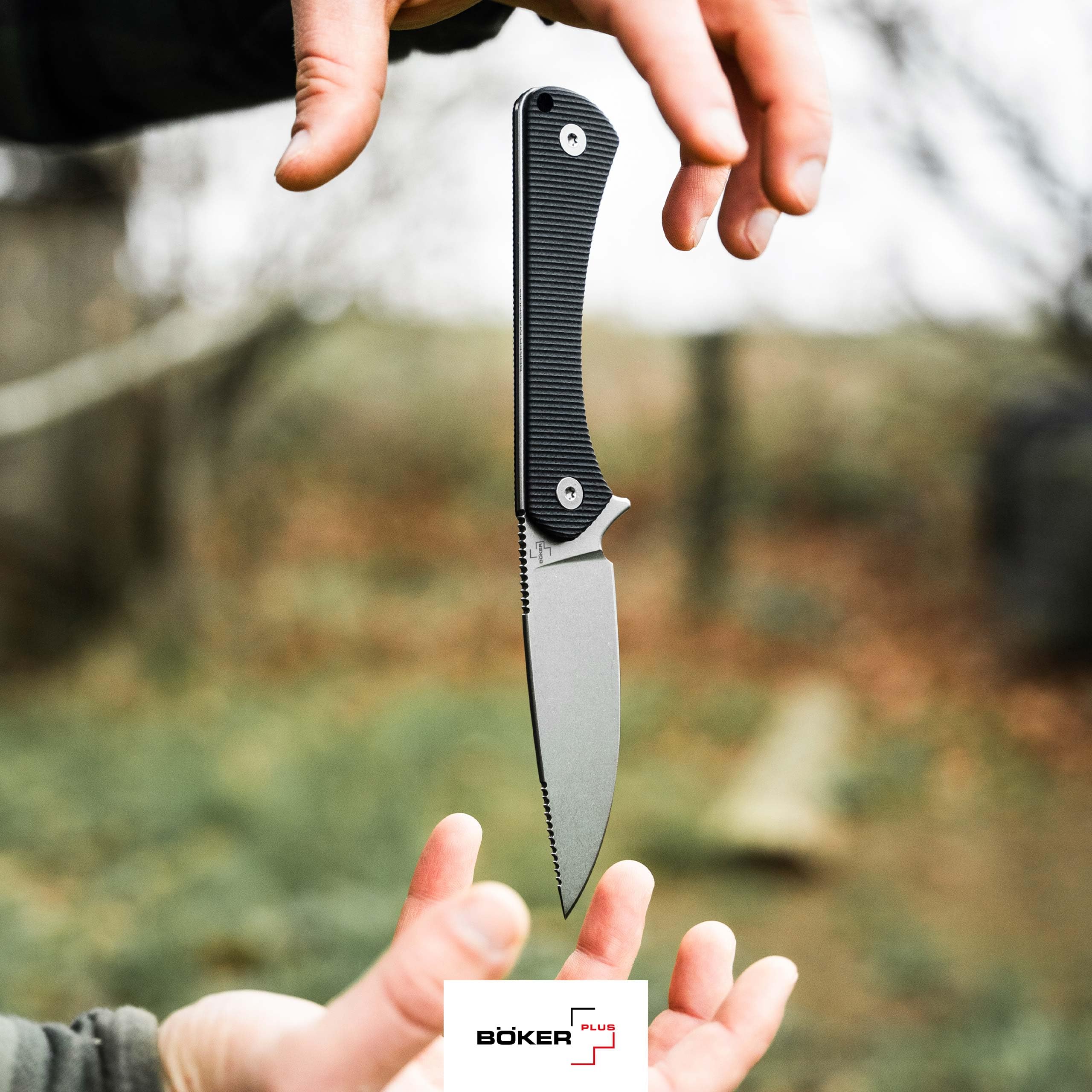 BÖKER PLUS® Brasa – EDC Messer mit feststehender Klinge 42a konform – Fulltang Jagdmesser mit G10 Griff schwarz & Kydex-Scheide – leichtes Backup Gürtelmesser mit 7,2 cm Droppoint Klinge