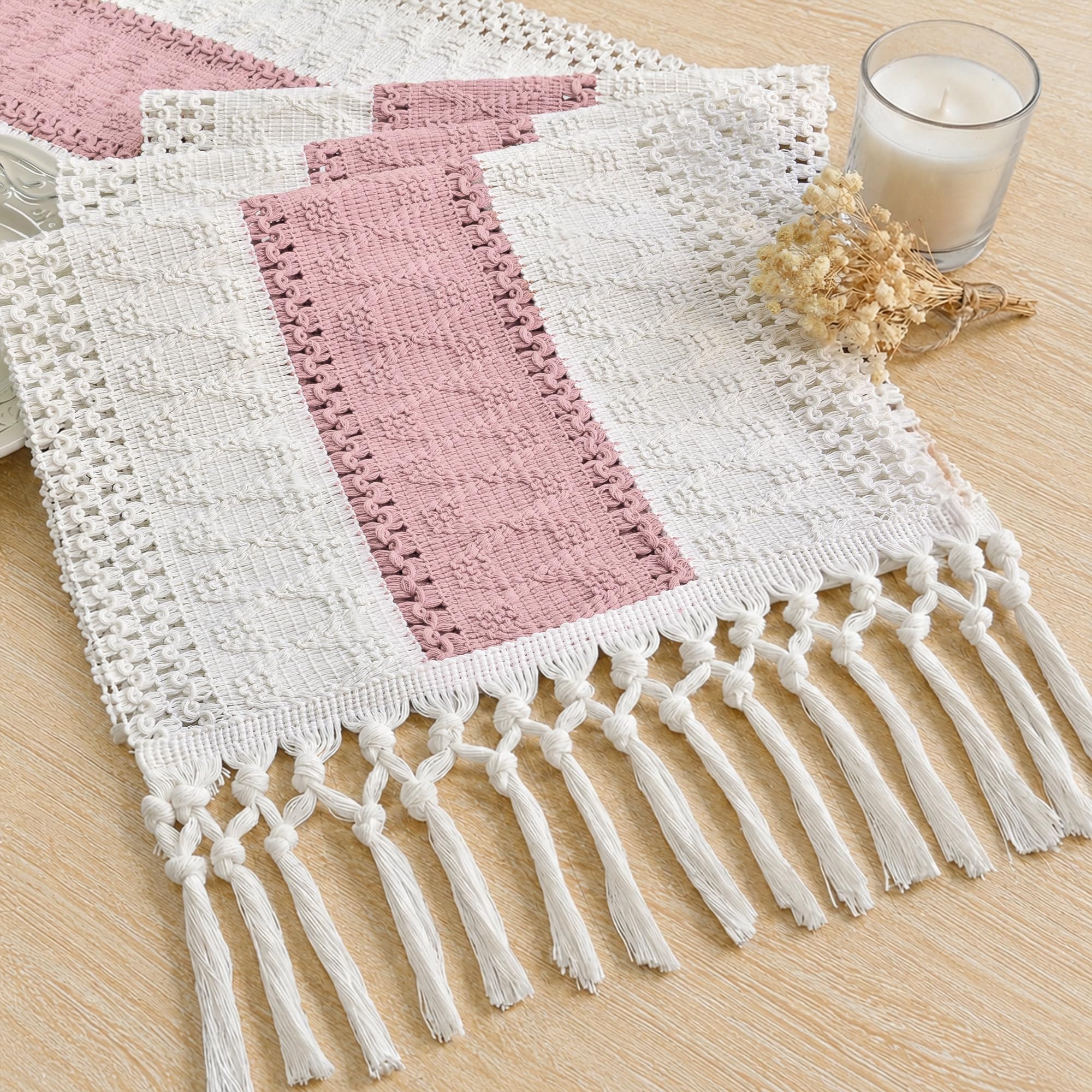 FEXIA Boho Table Runner for Home Decor 12x72 Pink Fall Farmhouse Decor