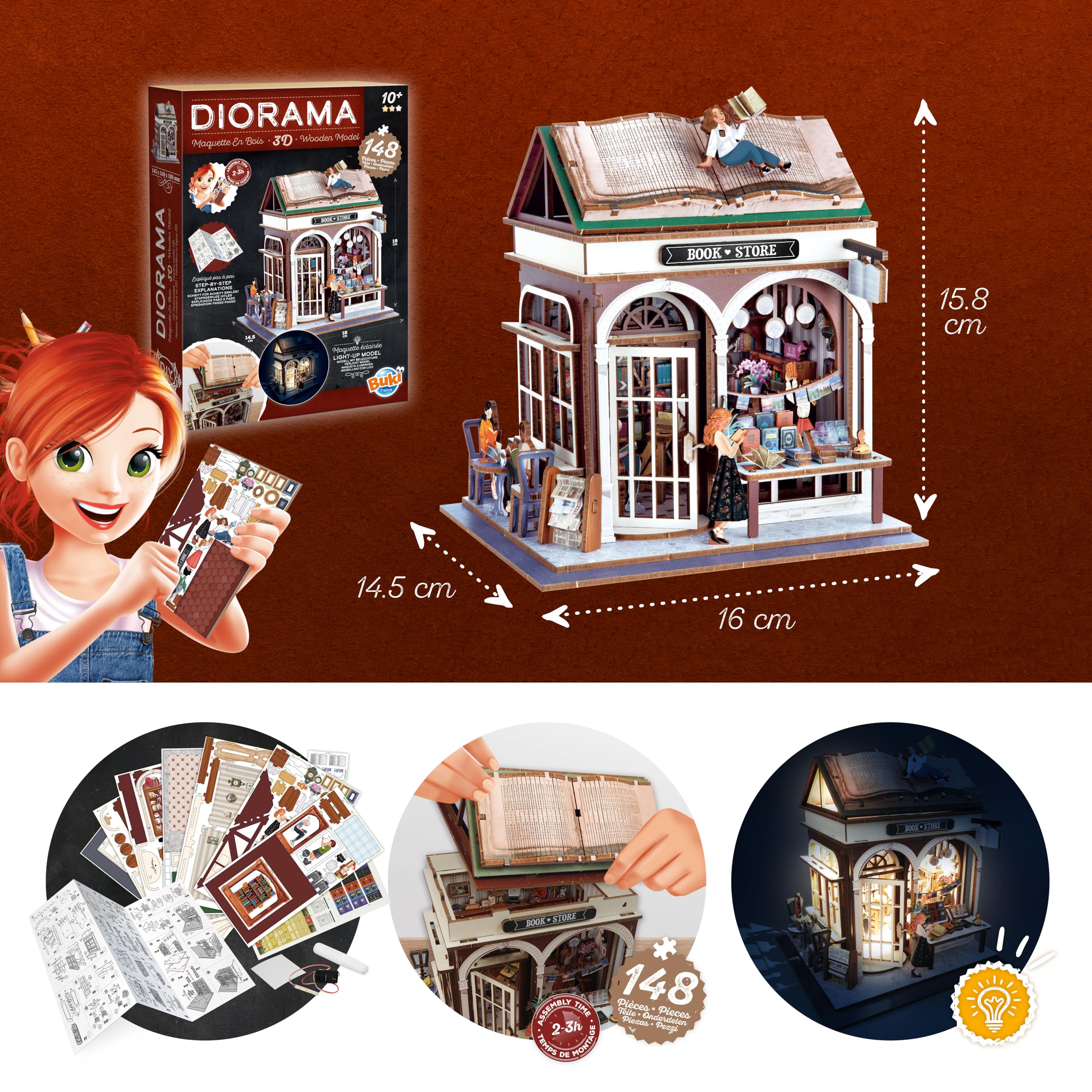 Diorama libreria - Modello di Libreria Miniatura in Legno con LED – Diorama Fai Da Te 148 Pezzi – Kit di Costruzione per Decorazione della Camera – Da 10 Anni – 14,5 x 16 x 18 cm - BUKI Francia
