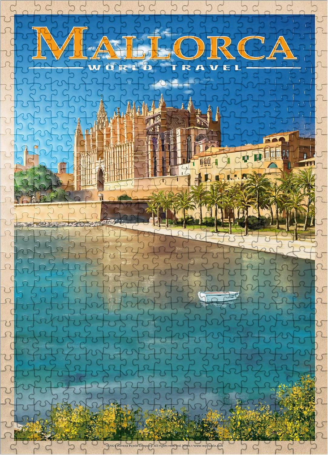 MyPuzzle Palma De Mallorca, Spain - The Enchanting Santa Maria Cathedral By The Sea, Vintage Travel Poster - Premium 500 Piece Jigsaw Puzzle for Adults