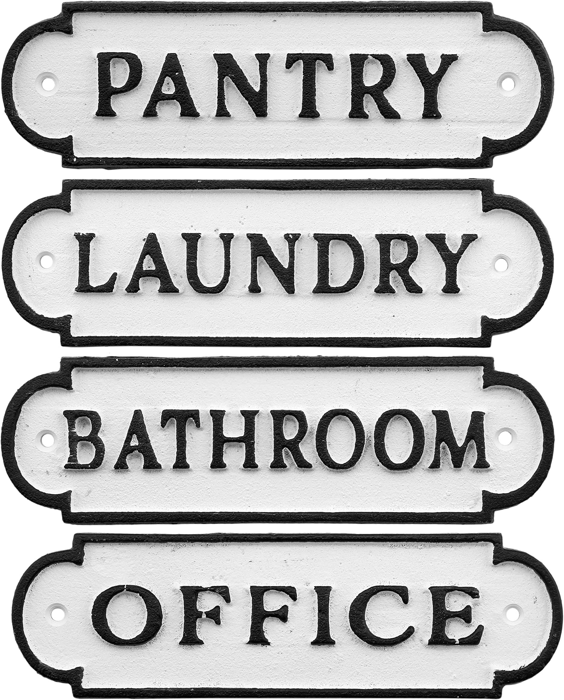 AuldHome Farmhouse Decor Metal Signs, Set of 4 Decorative Cast Iron Door Room Plaques with "Pantry", Office", Bathroom" and "Laundry"