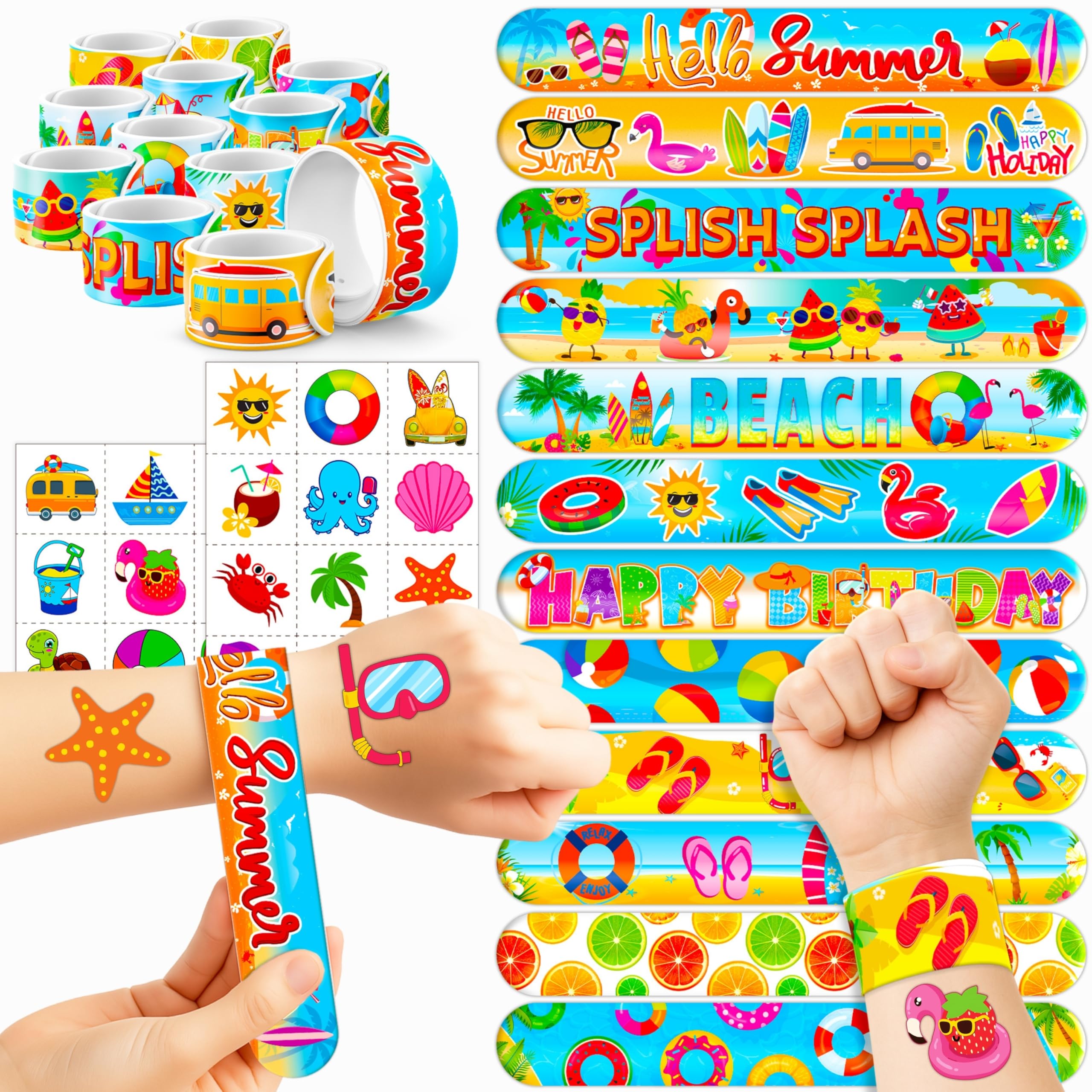 Cherisnowy 48PCS Beach Party Favors – 24PCS Temporary Pre - cut Tattoos & 24PCS Slap Bracelets – Summer & Ocean-Themed Birthday Supplies, Baby Shower