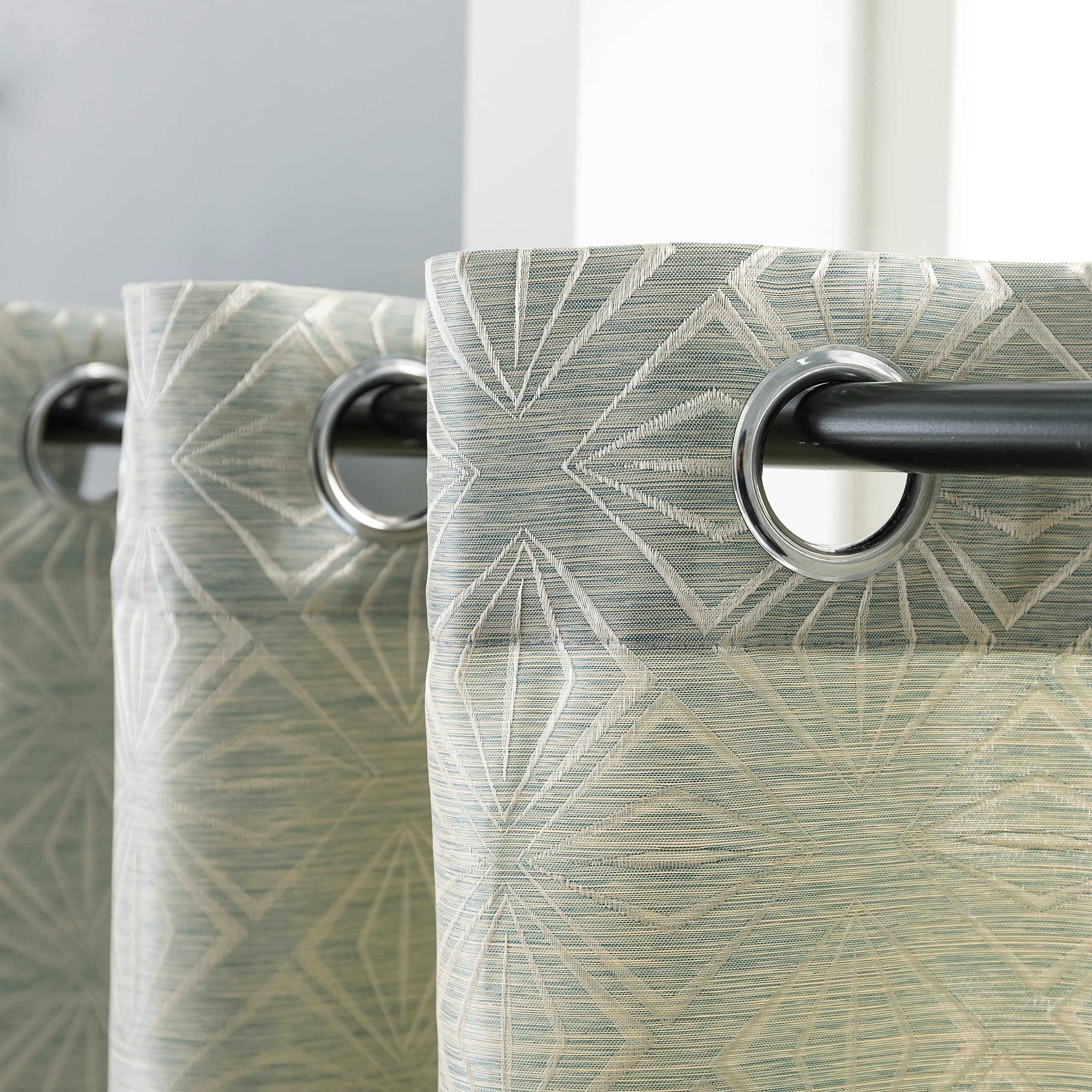 GIRASOLE HOME Par de cortinas jacquard semiopacas con estampado de rombos, cortina filtrante para salón, habitación e interiores, 2 paneles con ojales (140 x 235 cm, verde)