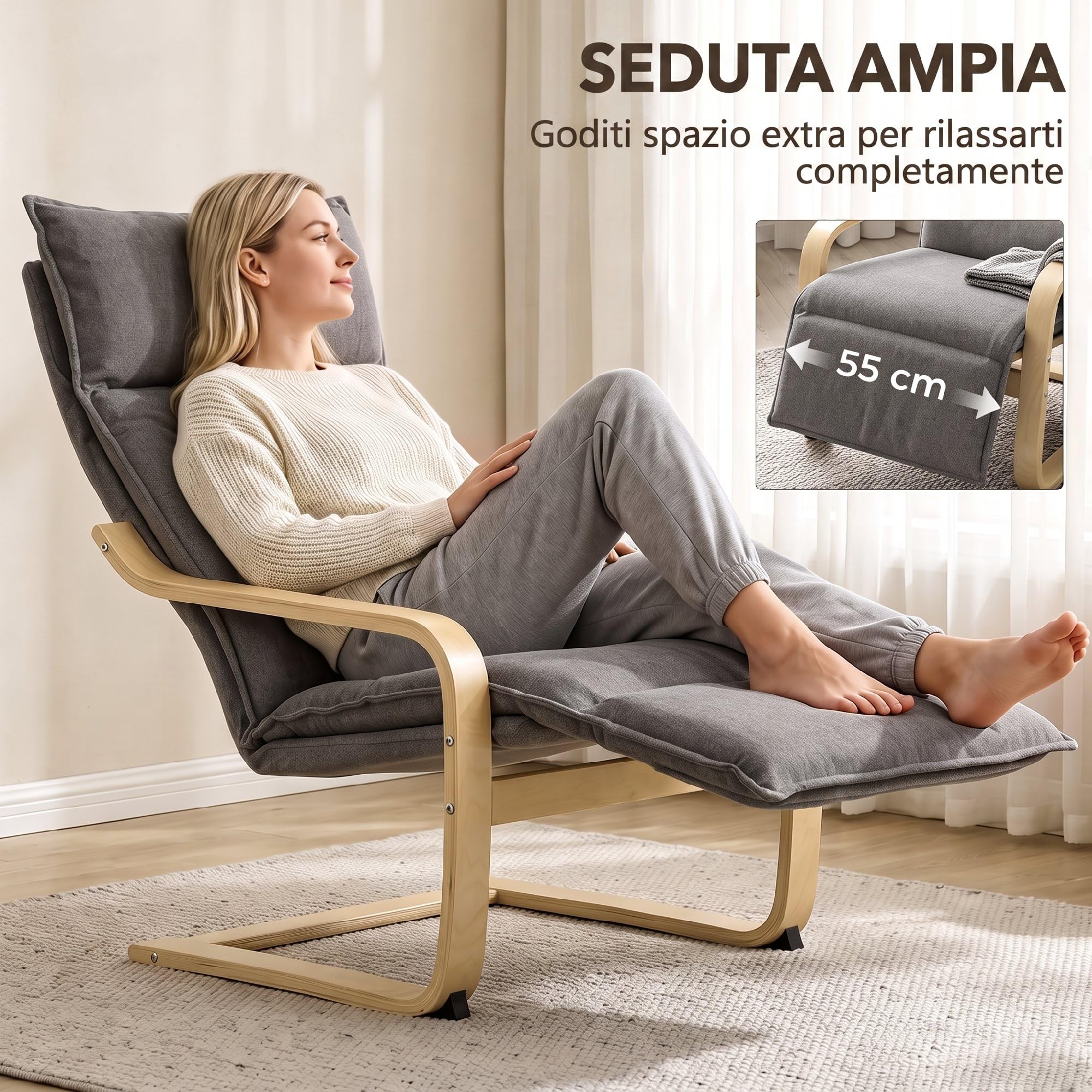 HOMCOM Poltrona Camera da Letto in Legno di Betulla con Poggiapiedi, Poltroncina Dondolo Ergonomica in Tessuto Effetto Lino, Seduta Imbottita, Braccioli Curvi, per Salotto e Soggiorno, Grigio Scuro