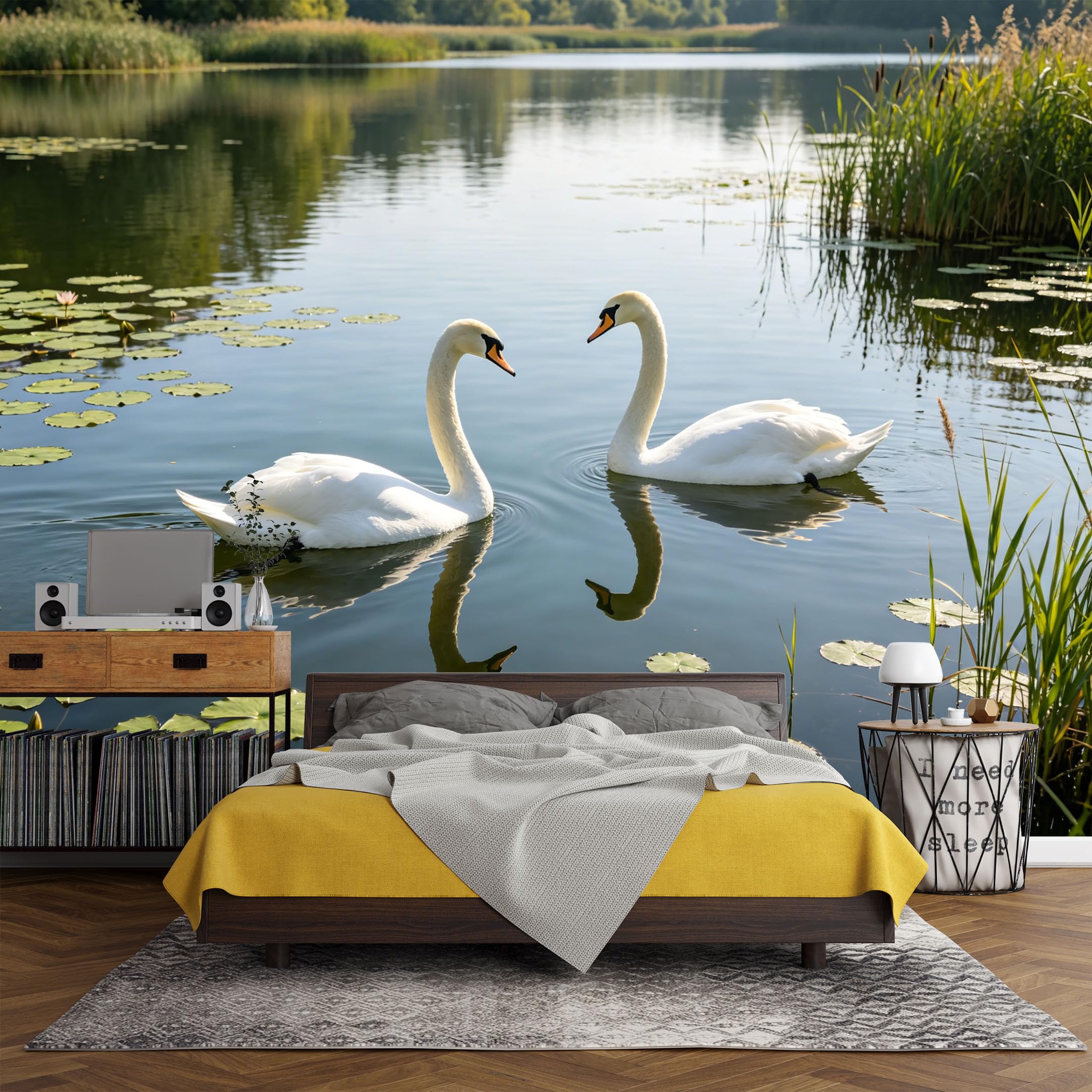 Custom Size Wall Mural， Lake Swan Couple Reflection Landscape Water Lilies Tranquil Nature Scene，SelfAdhesive Art Prints wall Fabric (No PVC) Removable Wallpaper Living Room Decor