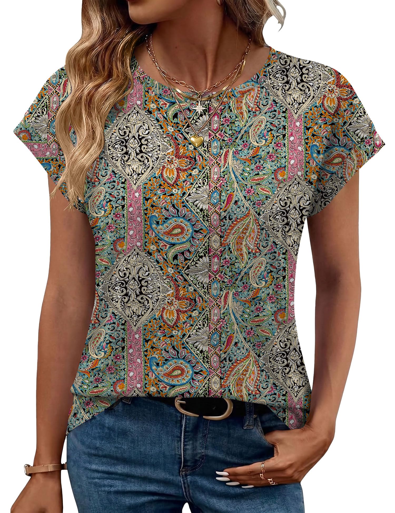 Tisfeer Damen Shirt Elegant Rundhals Sommer Bluse Kurze Ärmel Oberteil für Freizeit & Büro Locker T-Shirt Frühling