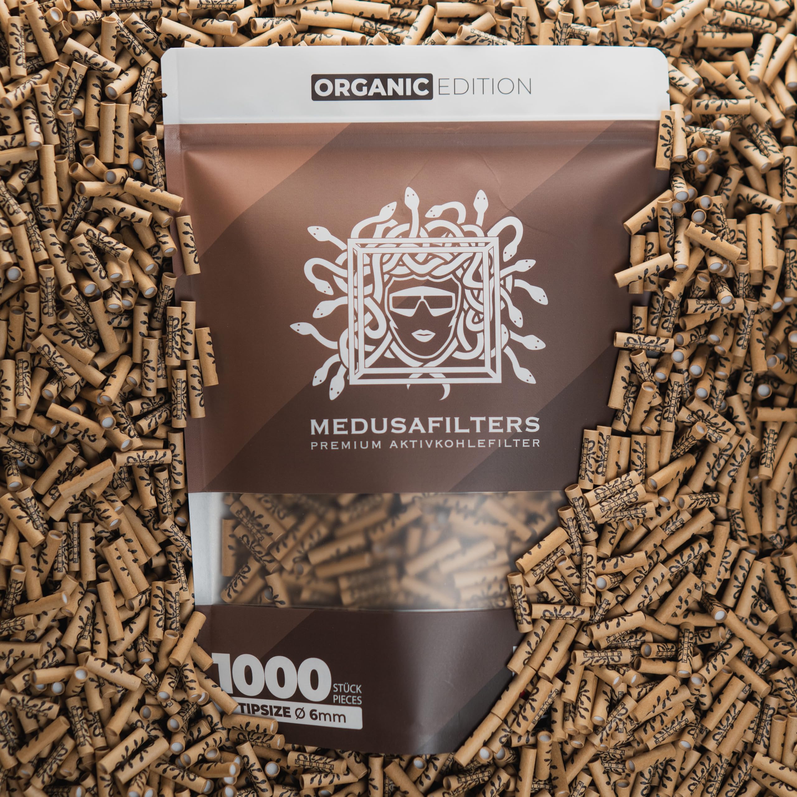Medusafilters 1000 Stück 6mm Ø Slim Premium Aktivkohlefilter mit veganen Fasercaps & Kokos Aktivkohle | Filter mit 25mm Länge made in Germany (ORGANIC EDITION)
