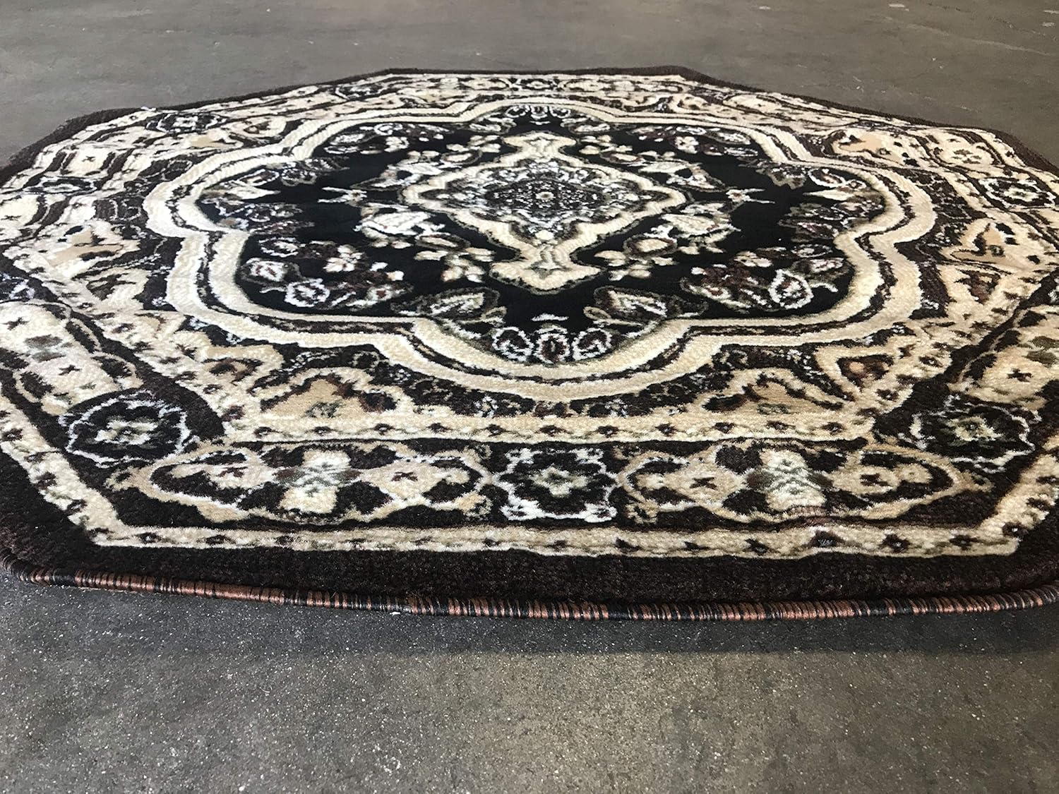 emirates Traditional Octagon Oriental Rug Black Green Brown & Beige Design 520 (4 Feet X 4 Feet)