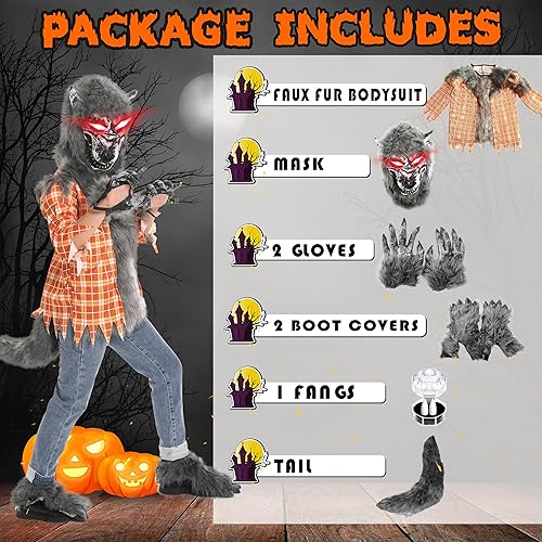 Miniatura 2 de Disfraz de hombre lobo de Halloween para niños, trajes de lobo aullador de lujo con máscara de ojos rojos iluminados, guantes, zapatos, colmos,