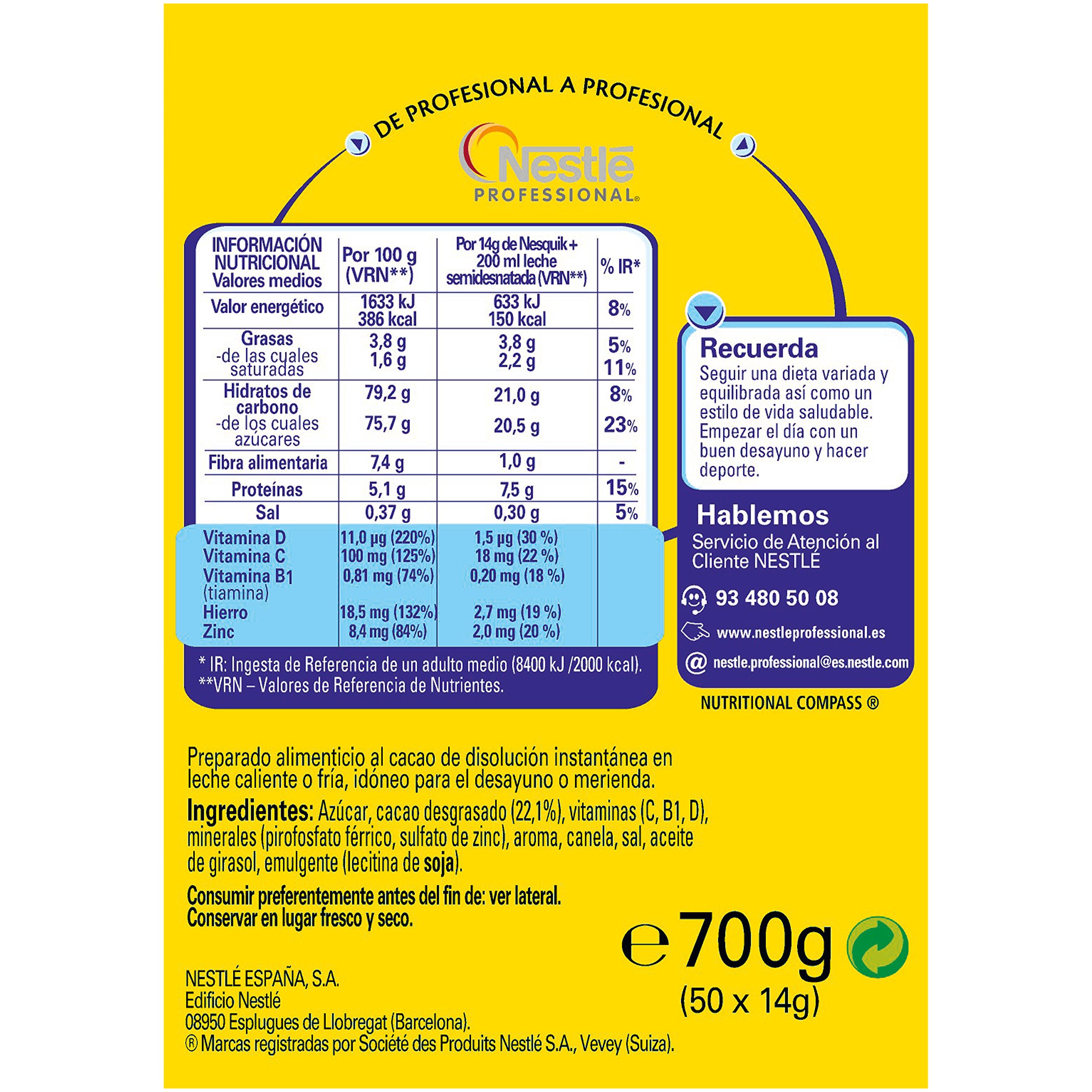 Nesquik cacao soluble instantáneo - 1 paquete x 50 sobres de 13,5 g - Total: 675 g