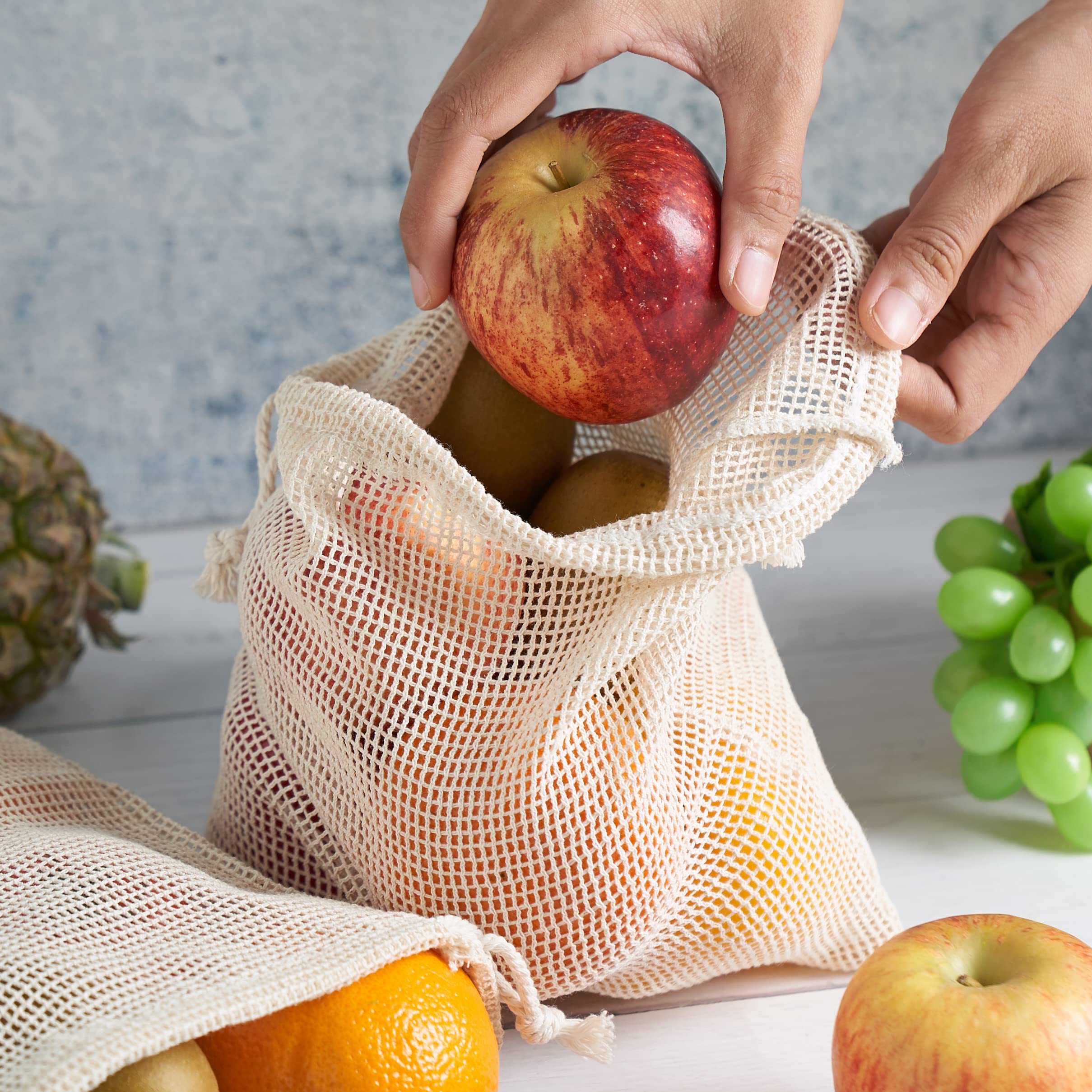 PALTERWEAR Bolsas de Malla 100% algodón Natural con Doble cordón para Hierbas, Frutos Secos, Frutas, Verduras, 20,3 x 25,4 cm, 5 Unidades