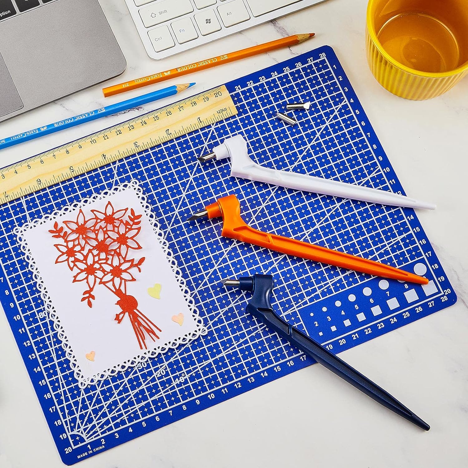 360 Rotating Craft Cutting Tools Set,3 Pieces Specialty Cutting Tools with 9 Pieces 360-Degree Rotating Carbon Steel Replacement Blade and Cutting Mat for DIY Craft (Orange, Blue, White) : Arts, Crafts & Sewing