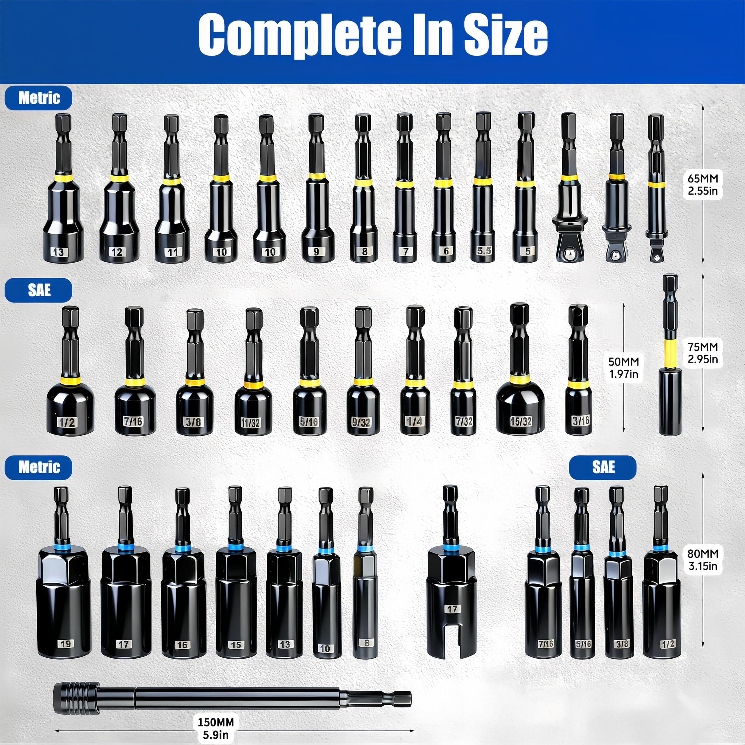 Set di 86 punte per avvitatore a percussione, con codolo esagonale da 1/4", set di chiavi magnetiche e bussole con angolo di 90 gradi, bussole metriche e SAE, barra di estensione flessibile e mini