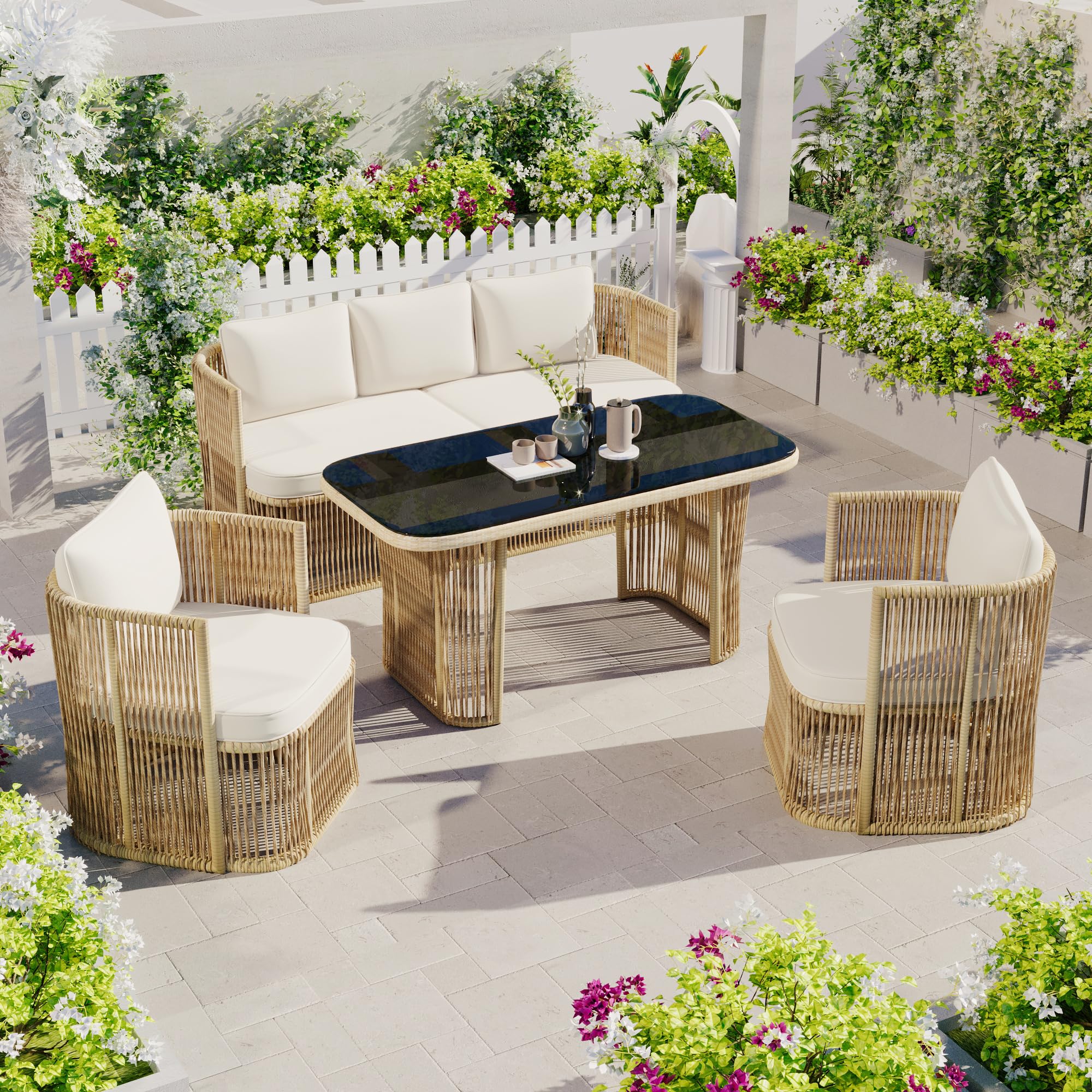 Conjunto de Jardin Exterior de Ratán para 5 Personas, 4 Piezas, Set Muebles Jardin con Mesa y 2 Sillones, Sillas con Cojines, Juego de Muebles de Jardín para Patio Terraza (Beige + Negro)