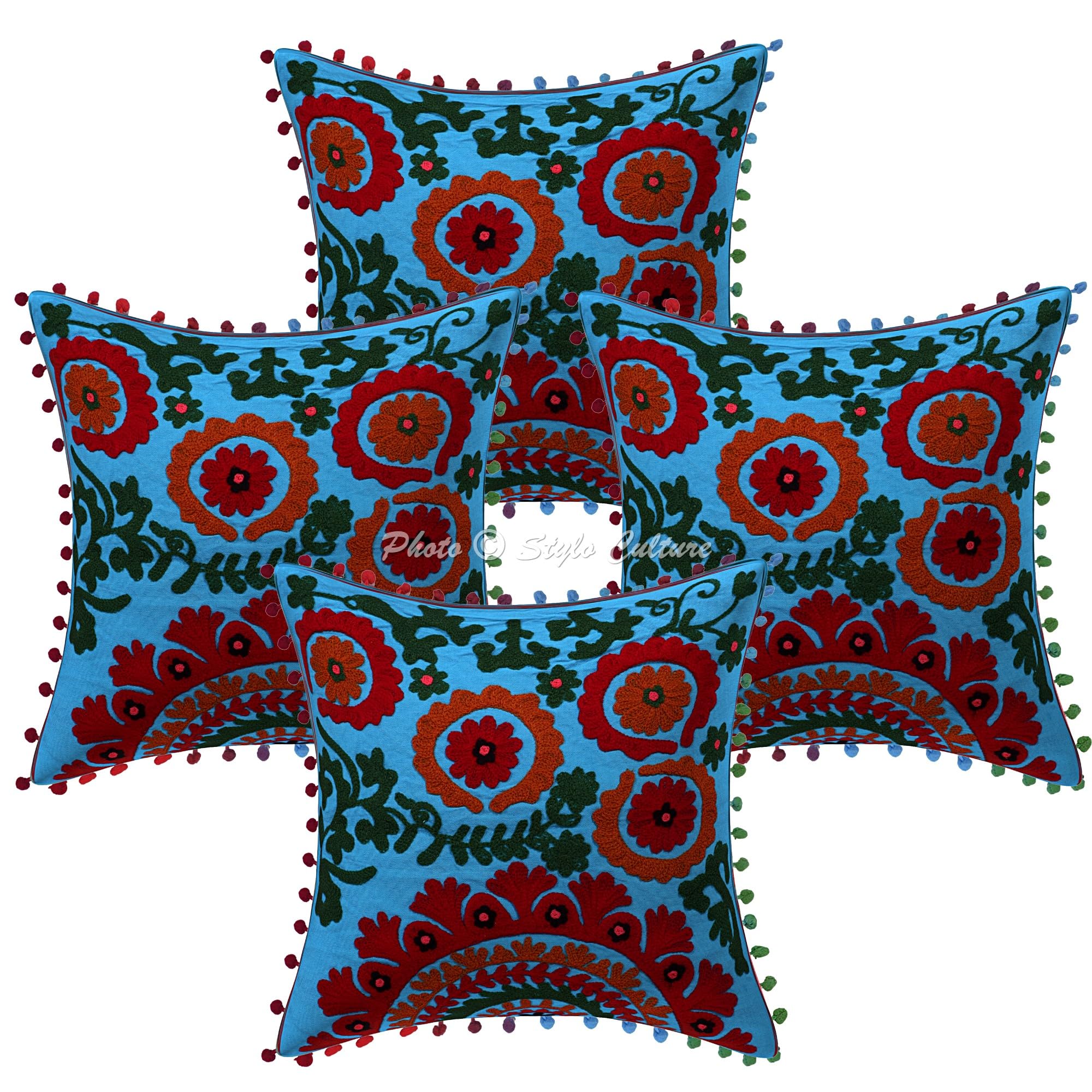 Ethnisch Dekorativ Baumwolle Couch Kissenbezüge 40x40 cm Türkis Dekokissen Suzani Bestickte Pom-Pom-Spitze Schlafzimmer Sofa Kissen Bezüge Blumen Quadrat Kissenhullen - 4 STK.
