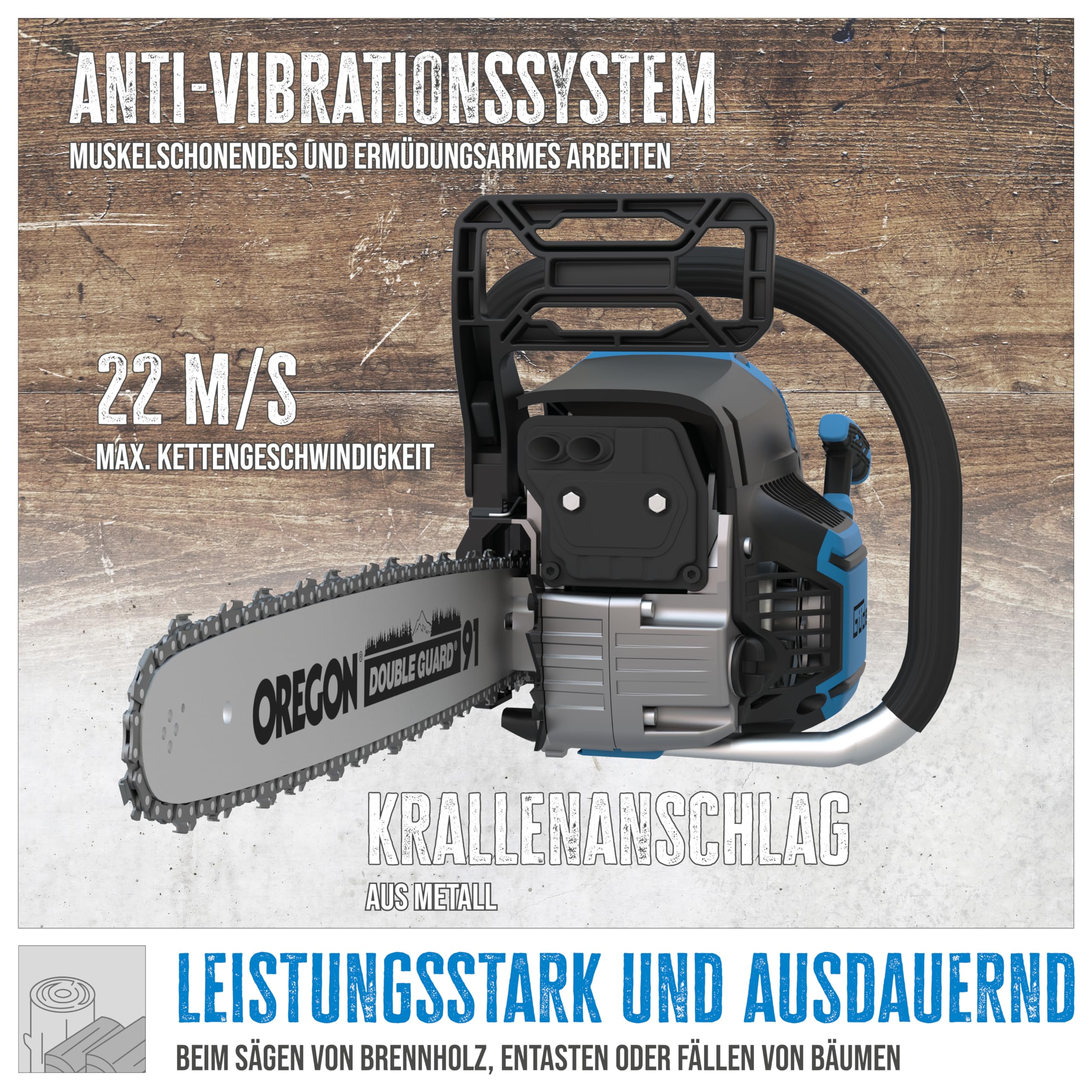 Güde Benzin-Kettensäge KS 500-62 (62 cm³ Hubraum, 48 cm Schnittlänge, 2,85 kW / 3,9 PS Motorleistung, GS-geprüft, 22 m/s max. Kettengeschwindigkeit, Leichtstartsystem, inkl. Oregon Schwert & Kette)