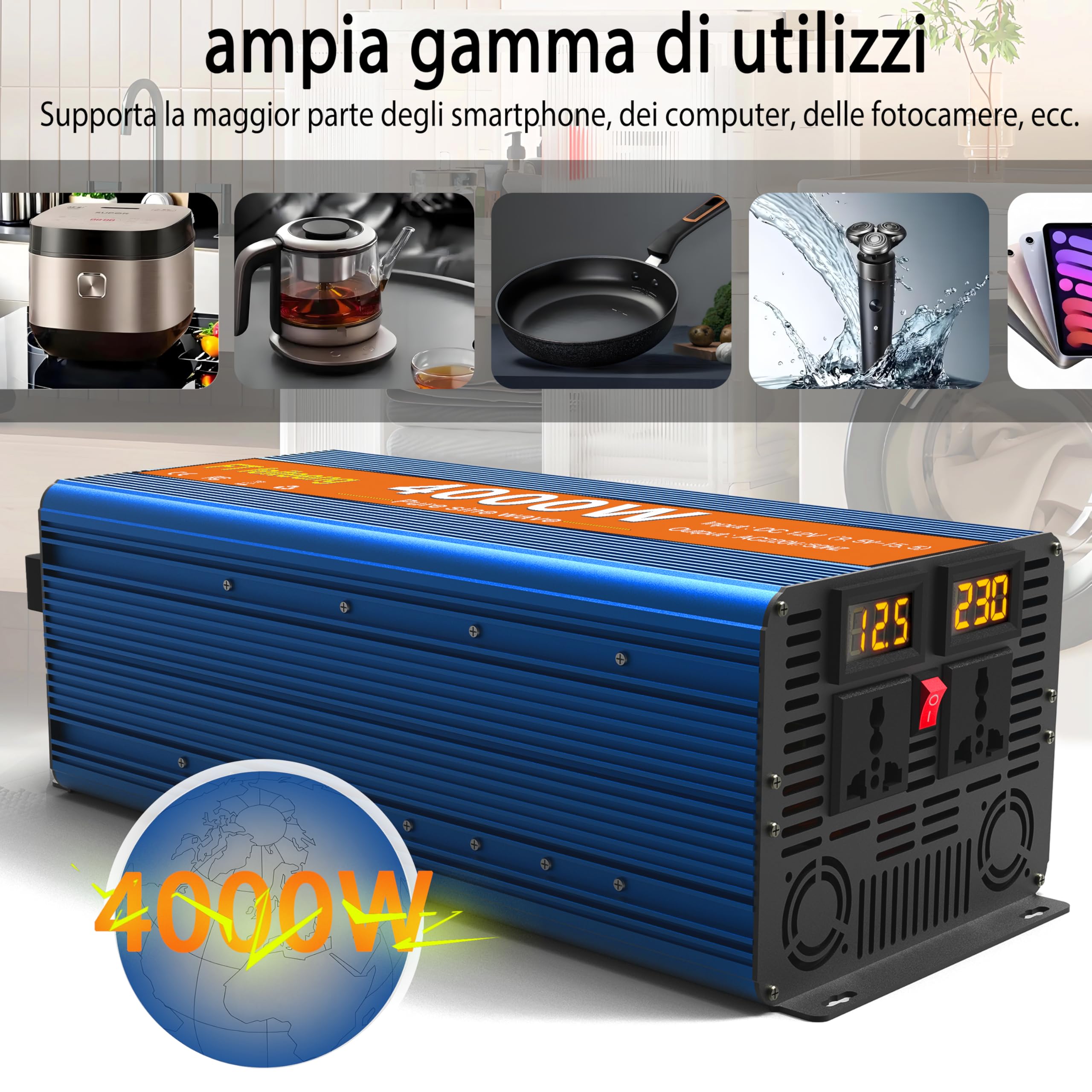 Convertisseur Pur Sinus 4000W (Pic 8000W) 12V 220V 230V, onduleur Solaire avec 2 écrans LCD, 2 Prises CA, convertisseur de Tension pour véhicules, Voiture Solaire, Camping-Car, appareils ménagers