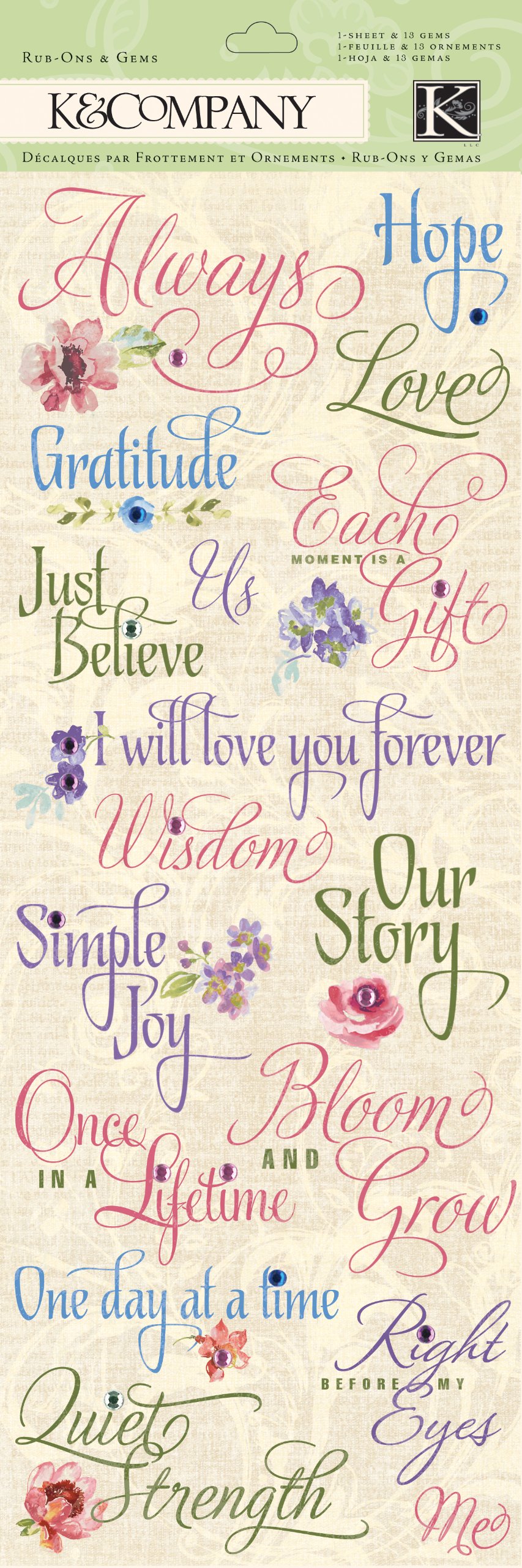 K&CompanyWatercolour Bouquet K and Swirl Rub-On with Gems