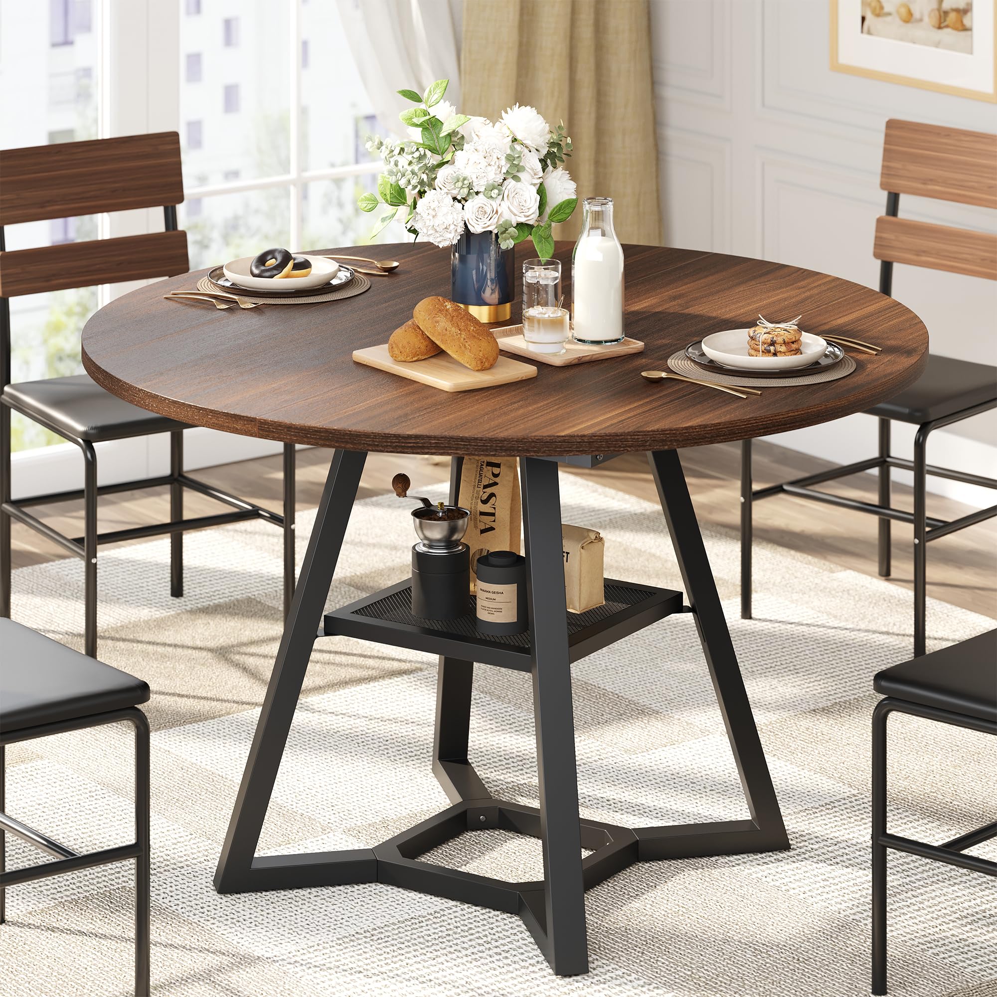 Round Dining Table for 4 Kitchen Tables Dining Room Circle Dinner Table with Pedestal Metal Frame Space Saving
