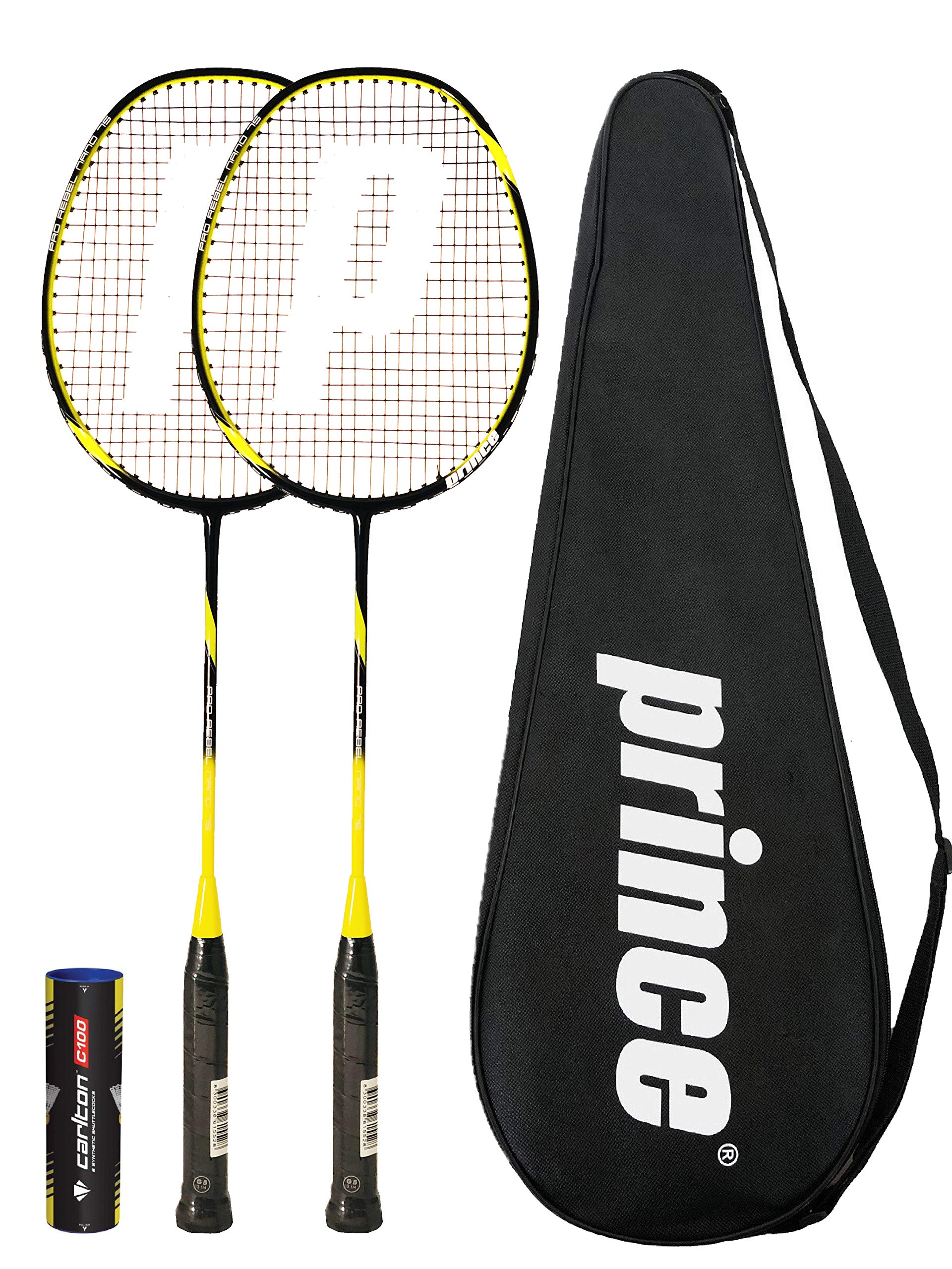 Prince 2 x PRO Nano 75 Graphite Badminton Racket Series with Full Protective Covers + 6 Shuttles (2 x Rebel Pro Nano)