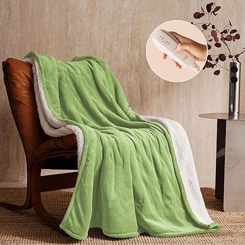 JET'S HOME Heated Blanket 50"x60" - ETL&FCC Certified Flannel Electric Blanket Machine Washable Heating Throw with 5 Heating Levels 3 Hours Auto-Off Overheating Protection Gift for Family(Bud Green) - Bud Green - 50x60"