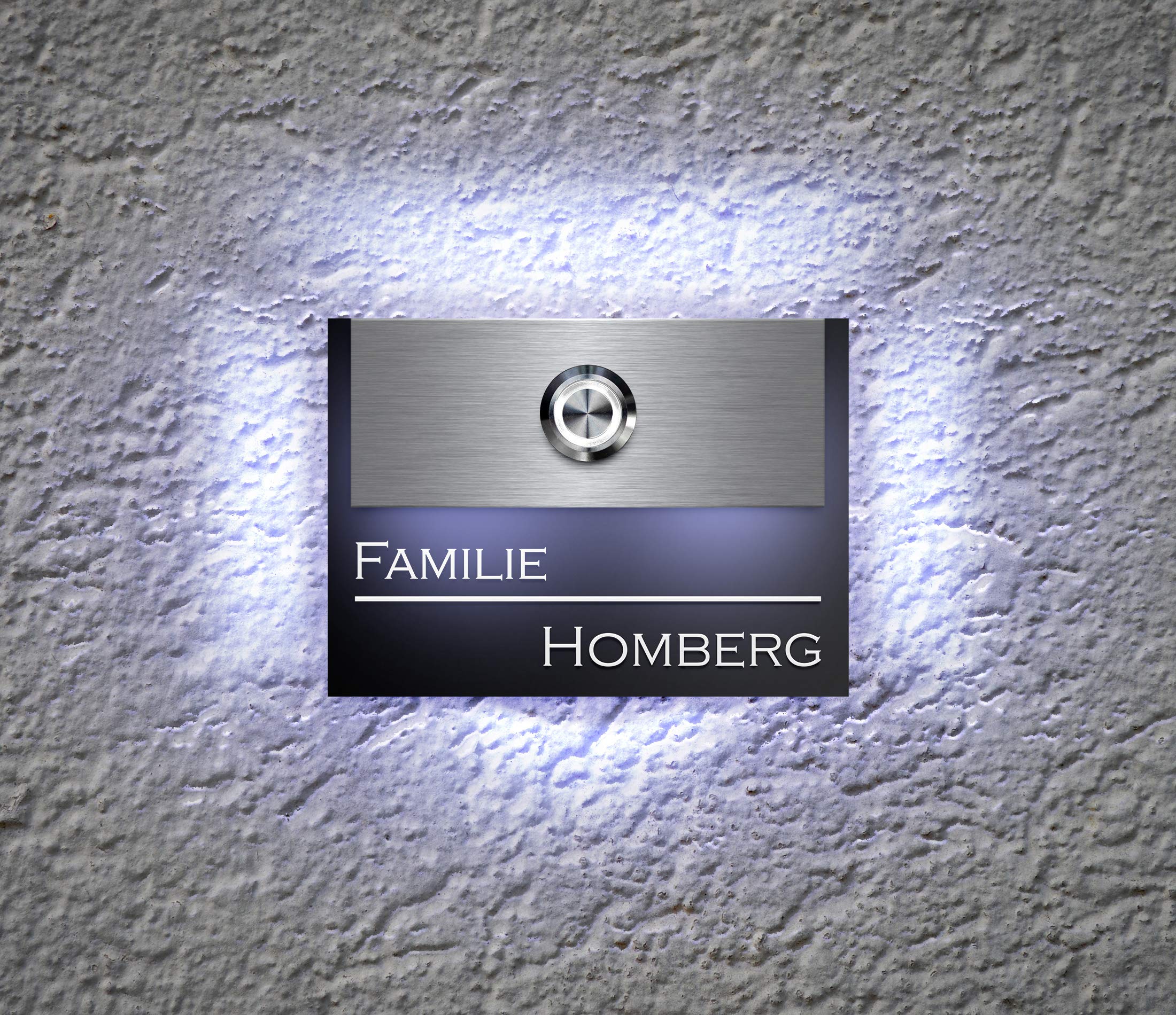 Designer Türklingel mit Gravur beleuchtetem Namensschild LED-Klingelknopf und über 100 Motive | Modell: Homberg-L | 11x8 cm Klingel-Taster Klingelschild Klingelplatte beschriftet | Beleuchtung