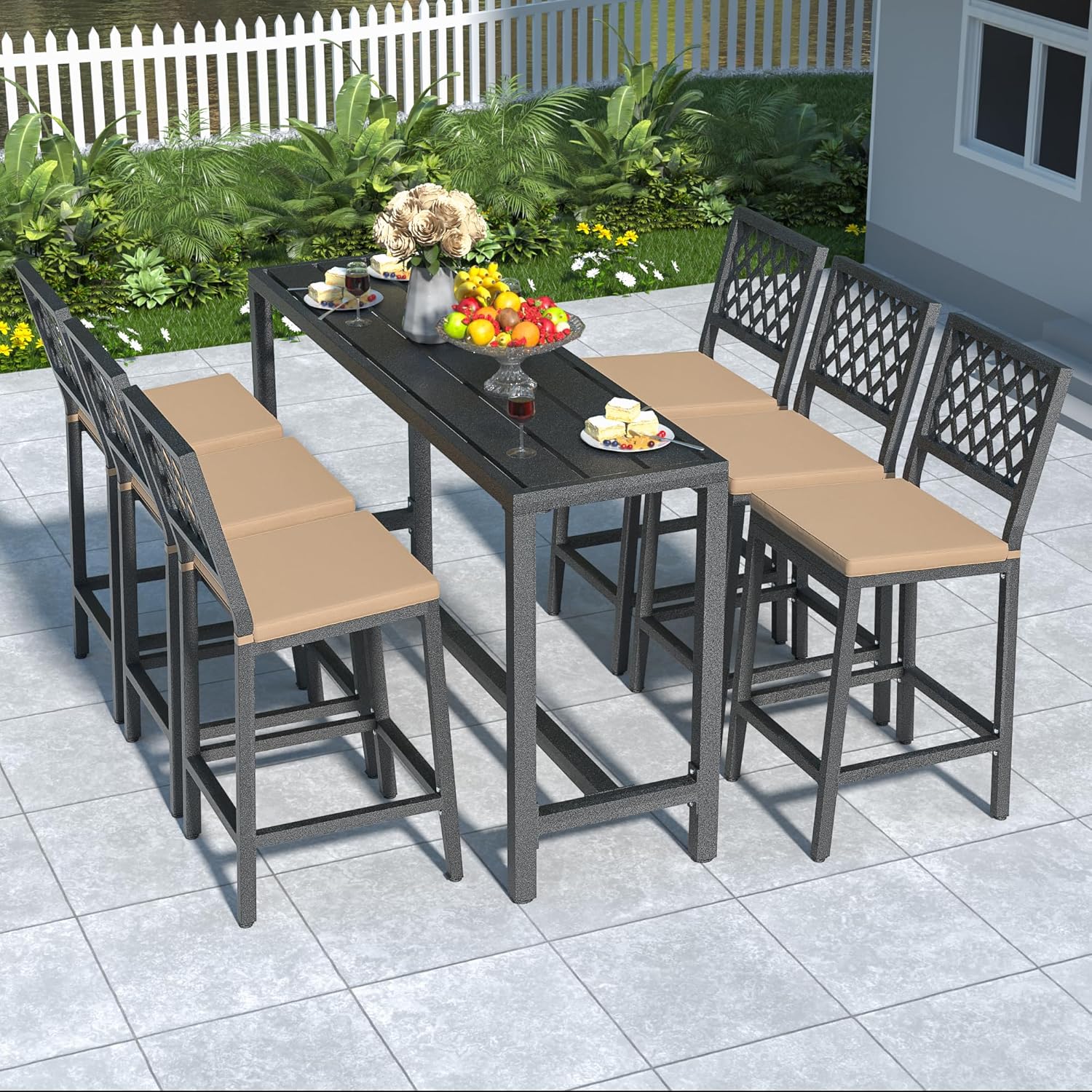 7-Piece Outdoor Patio Bar Set, Bar Height Patio Dining Set, Weather-Resistant Bistro Counter Pub Set with Cushions & Slatted Tabletop for Backyard (Gray, 63" Table and 6 "X stools)