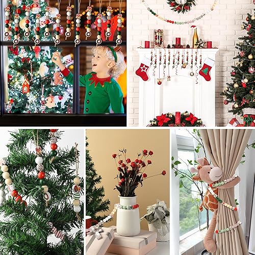 Miniatura 6 de 240 cuentas de madera de Navidad, cuentas de madera de color rojo y verde, muñeco de nieve, pan de jengibre, Papá Noel, ciervo, cuentas para