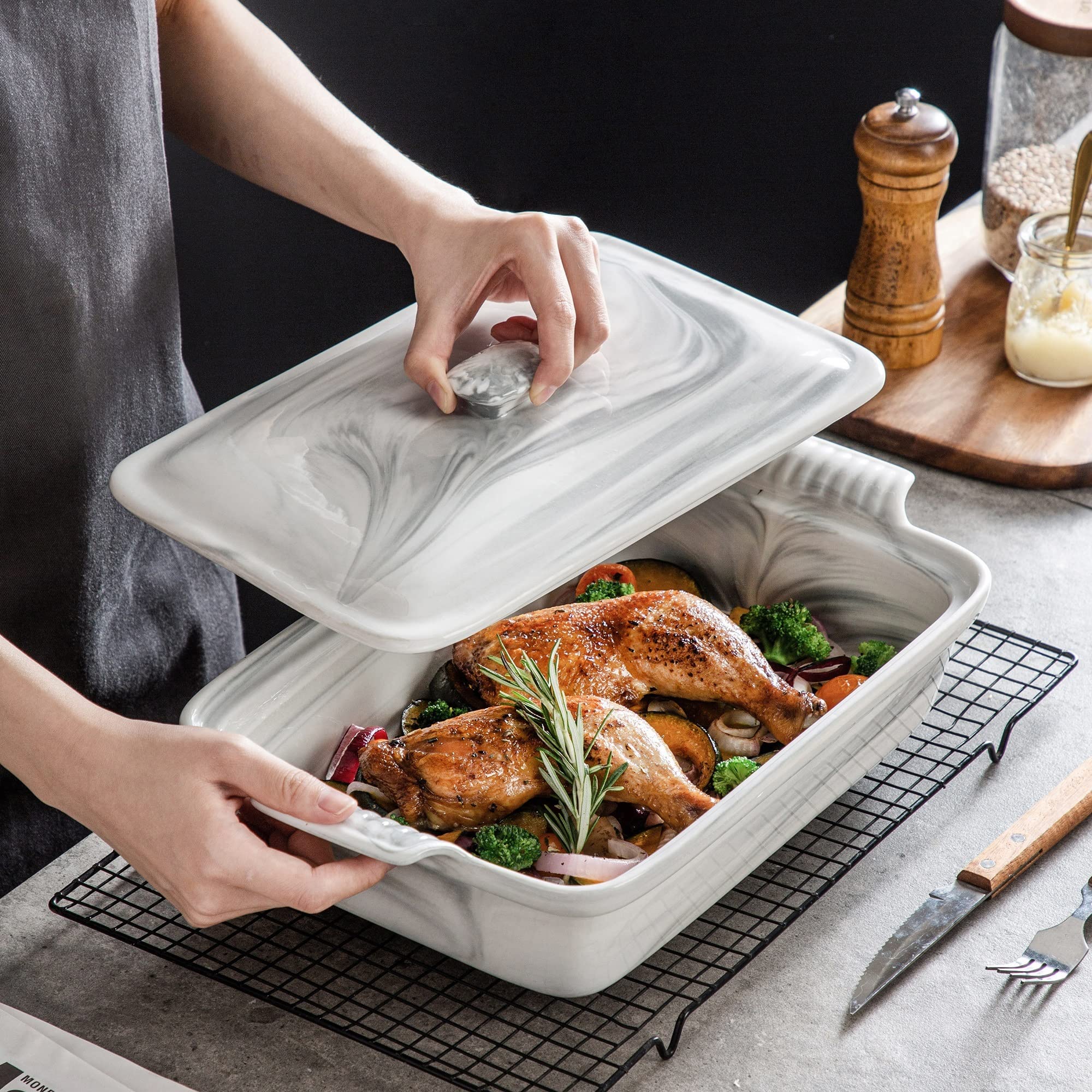 Kochen Backblech Rechteckige Backpfanne Marmor Grau Backformen mit Deckel Haushaltsschale Teller Form-Schwere Tauchteigform Souffle-Form Küche Herdbackblech