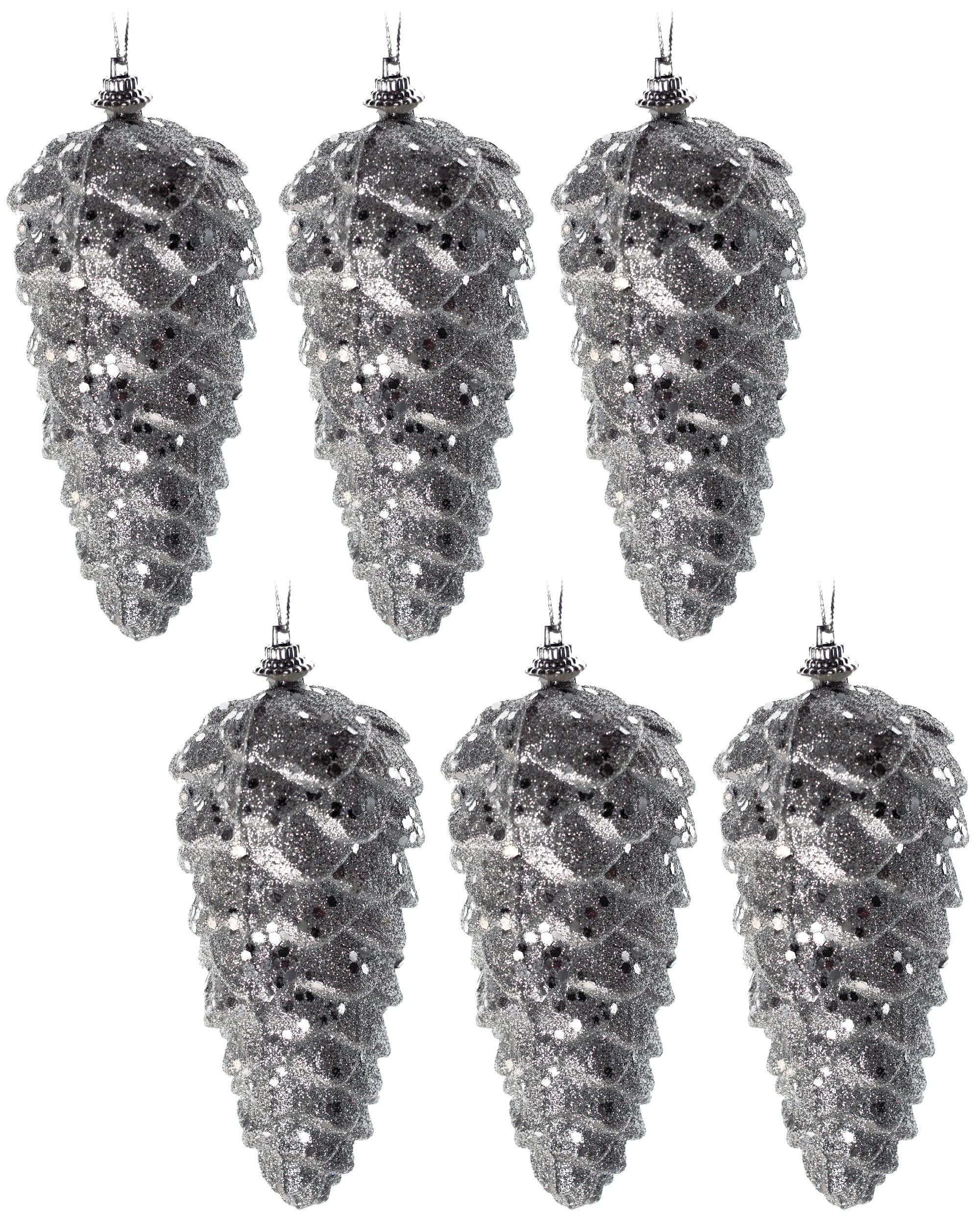 Blue Whale Gifts Large 13cm Silver Pine Cone Christmas Tree Baubles Decorations (Set of 6)