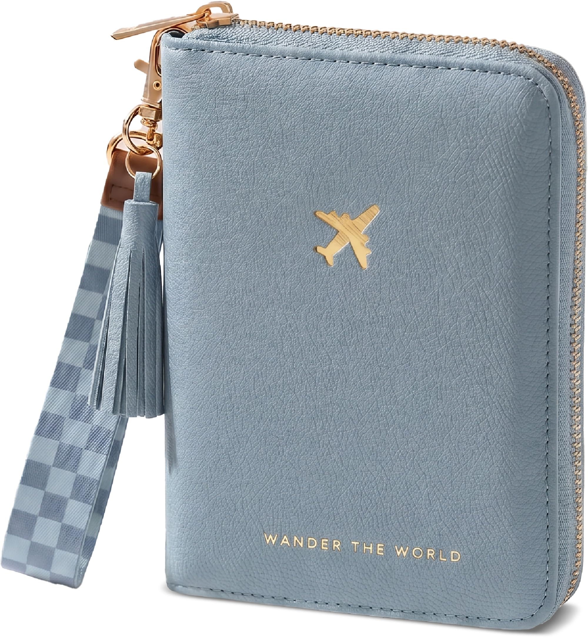 Stylish Passport Holder for Travel with Detachable Wristlet Strap - All-in-One Travel Wallet Organizer for Women, Secure Money Belt Alternative with Card Slots and Tassel Keychain, Blue, Modern-image-10