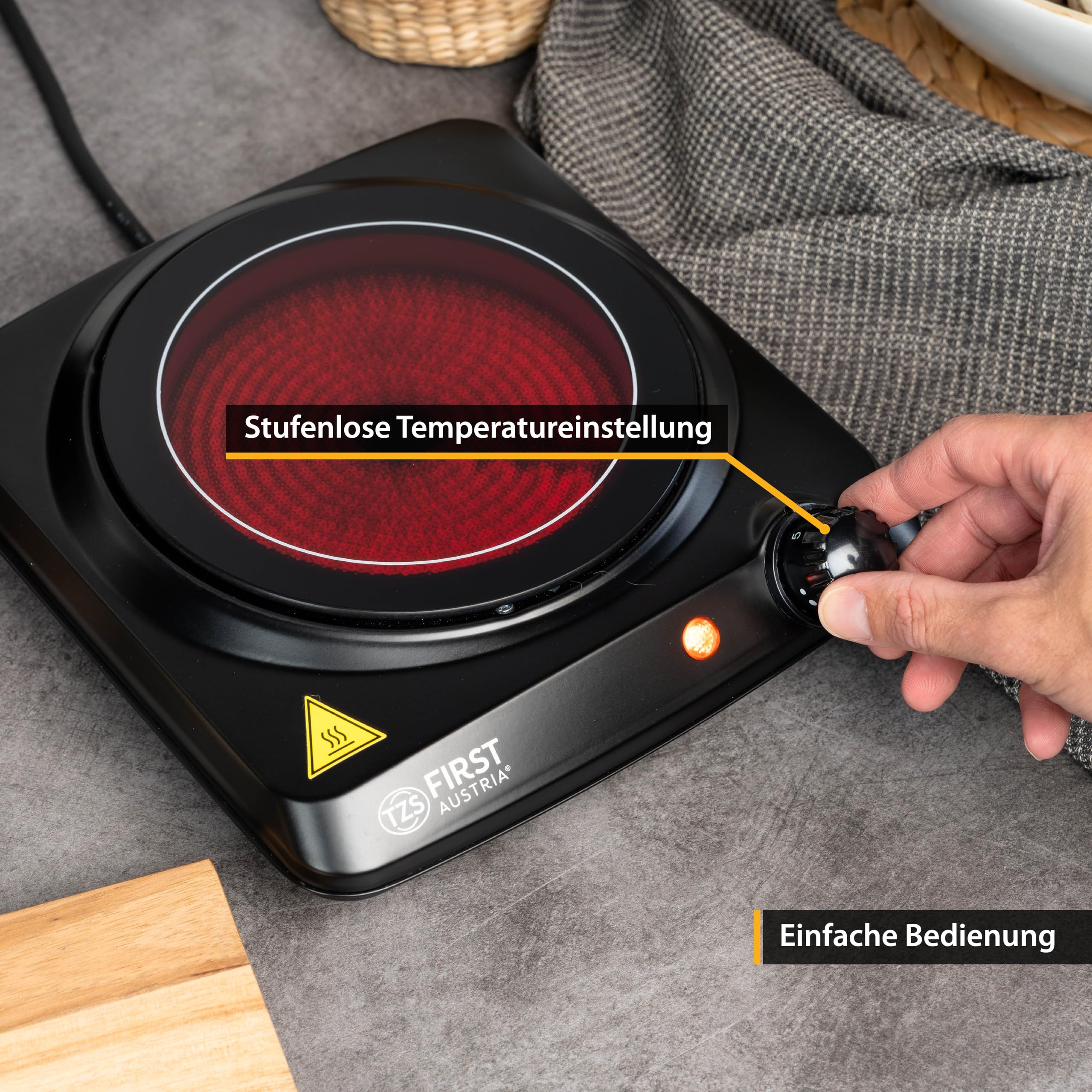 TZS First Austria - Infrarot-Einzelkochplatte 1200W - Ø 175 mm - Mobiles Kochgerät mit Überhitzungsschutz & stufenloser Thermostatsteuerung - Glaskeramik-Kochfeld für alle Topfarten