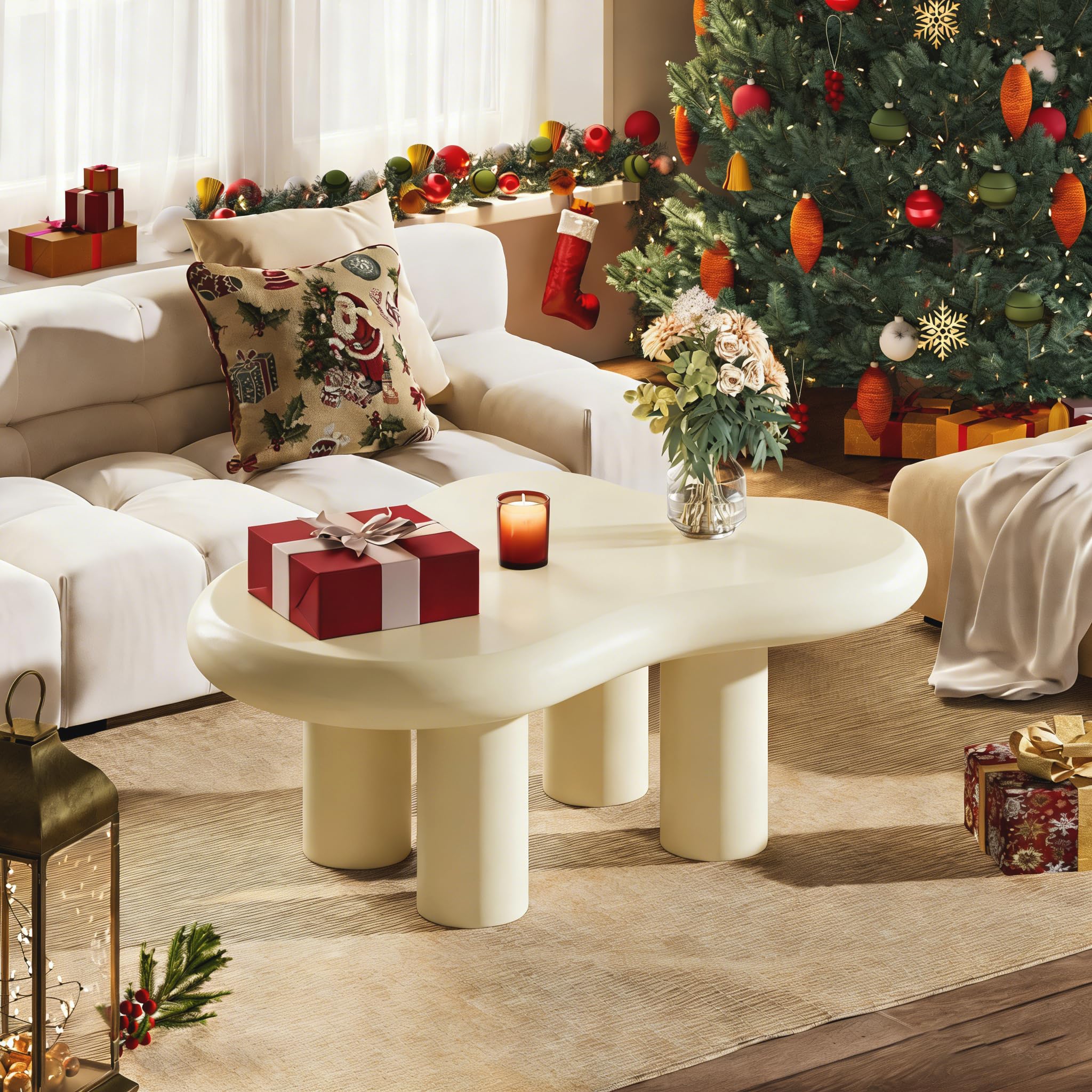 LITTLE TREE White Cloud Coffee Table, Cute End Table, Modern Coffee Table, Cartoon Coffee Table, Irregular Indoor Tea Table for Small Space, Cream White