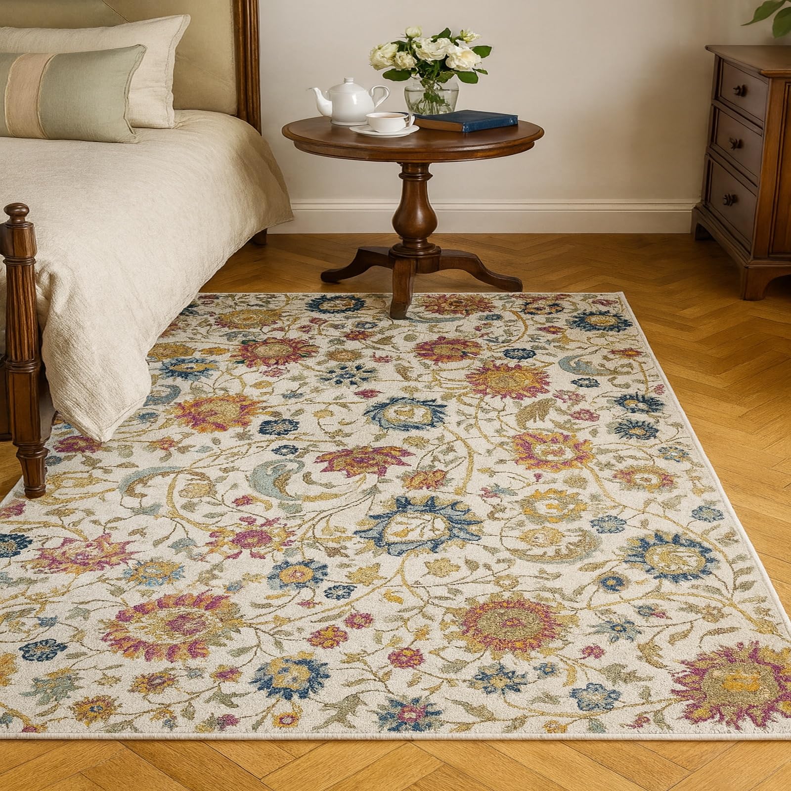 Dywan do salonu, 160 x 200 cm, kwiatowy styl vintage, biały, niebieski, żółty, fioletowy, różowy, żółty, duży dywan do jadalni, sypialni, gabinetu, akcesoria do mieszkania, dekoracja