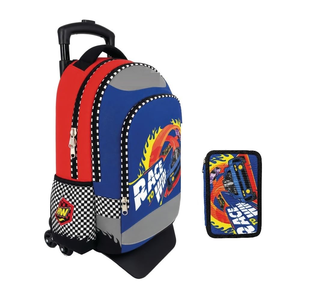PRESTIGE & DELUXE Mochila escolar compatible con Hot Weels versión redonda organizada 3 compartimentos cremallera para niños + estuche de 3 pisos + kit bolígrafos y llavero silbato