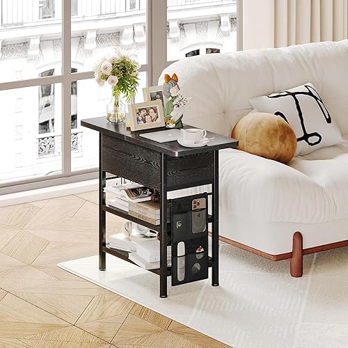 Miniatura 2 de Mesa auxiliar con estación de carga, mesita de noche abatible con puertos USB y tomas, mesa auxiliar de sofá con bolsa de tela y ganchos, mesita de