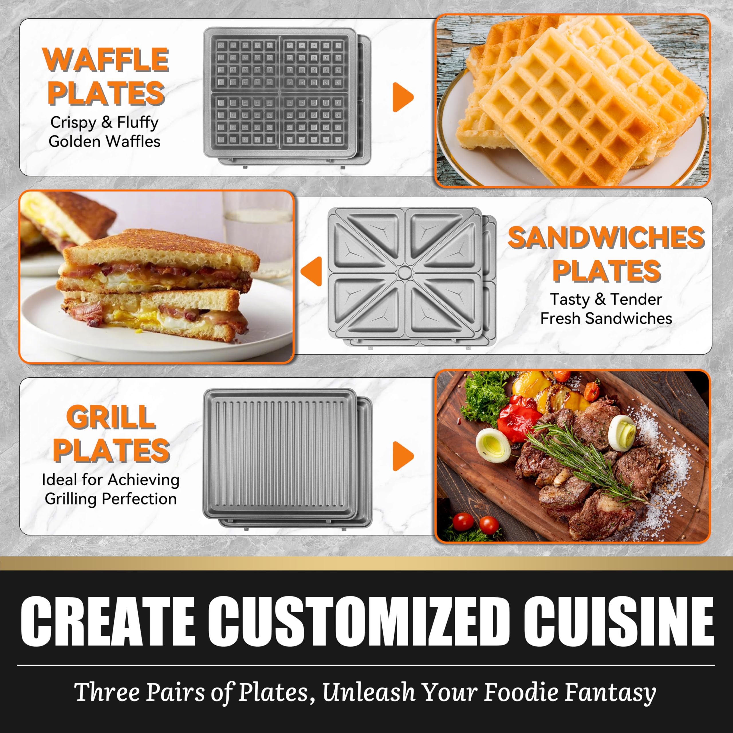 FineMade Belga Waffle Maker con piatti rimovibili, 3 in 1 Panini Grill Press Breakfast Sandwich Grill Elettrico per Interni, Macchina per formaggio alla griglia, WSGM001