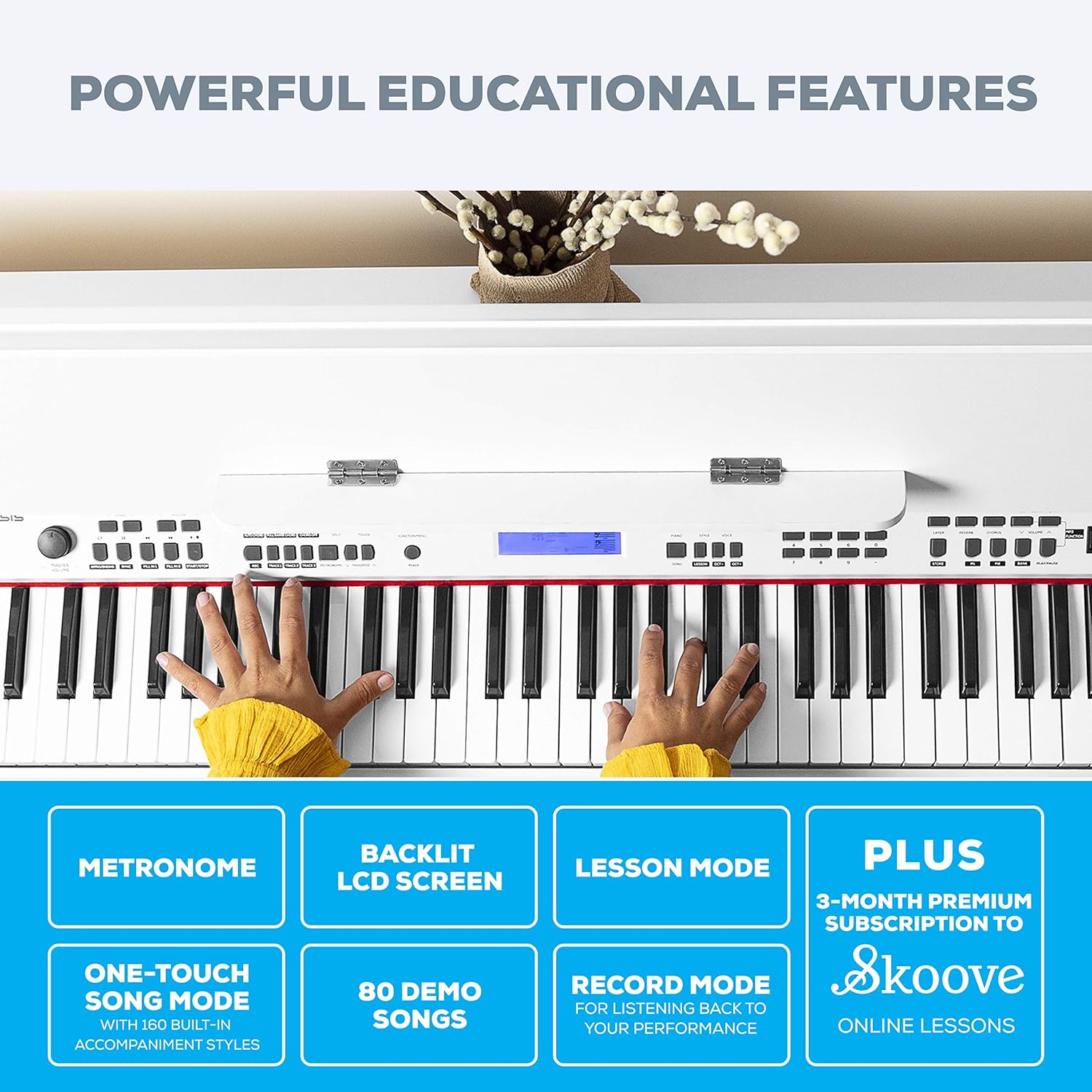 Alesis Virtue AHP-1W Digital Piano control panel with educational features highlighted