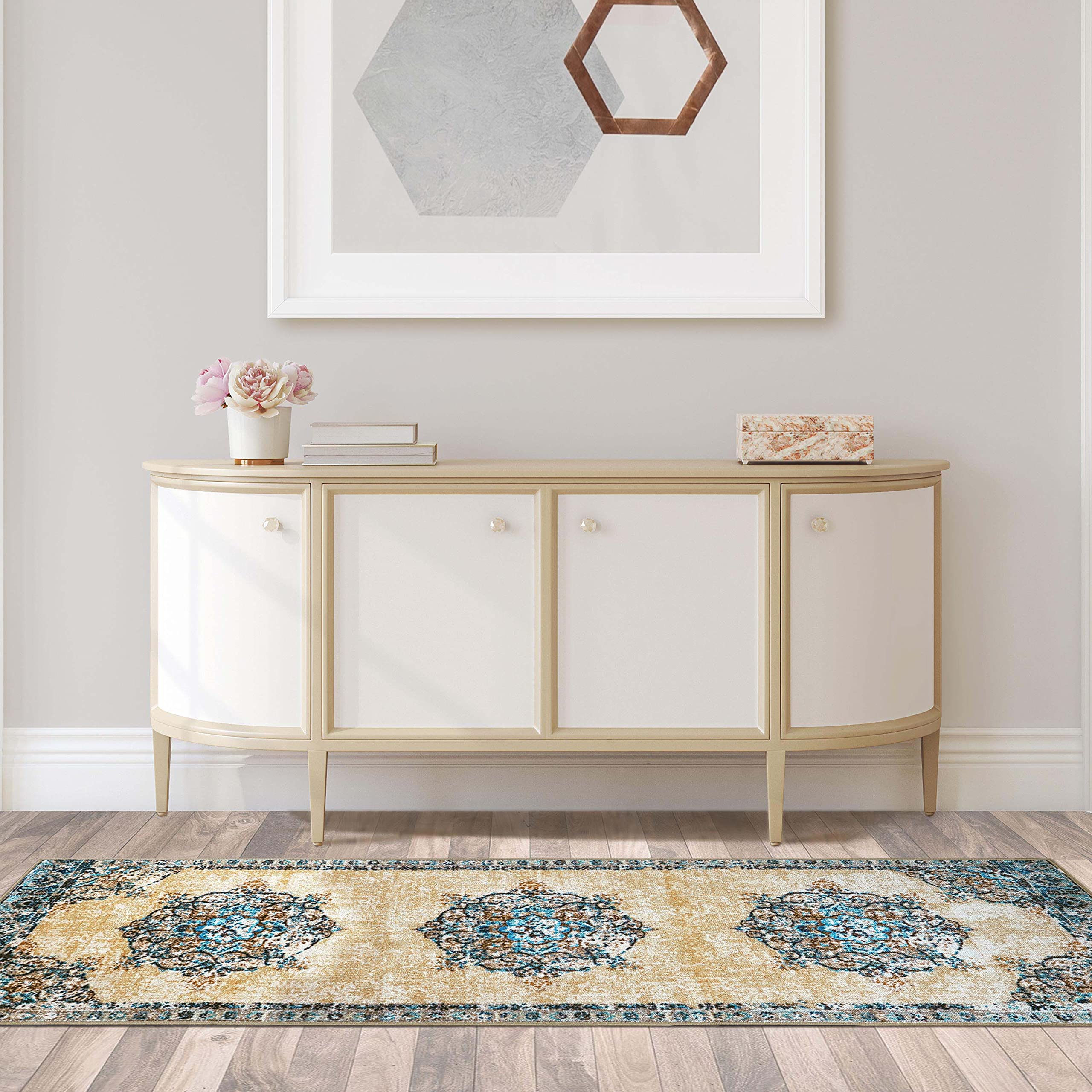 Superior Indoor Non-Slip Runner Rug, Floral Floor Decor, For Living Room, Bedroom, Kitchen, Dining, Decklan, 2' 7" x 8', Cream