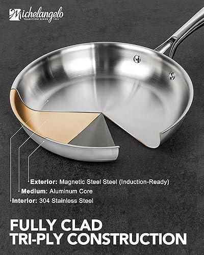 Miniatura 2 de MICHELANGELO Juego de sartenes de acero inoxidable de tres capas, sartenes de 8 pulgadas, 9.5 pulgadas y 11 pulgadas, sartenes de acero inoxidable
