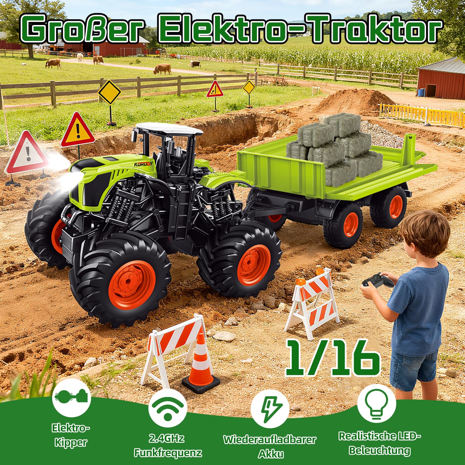 Ulikey Groß Ferngesteuerter Traktor, 1:16 11-Kanal RC Traktor Spielzeug für Kinder, 2.4 Ghz Elektro Trecker Ferngesteuert mit Anhänger, Kuh, Heuhaufen Bauernhof Spielzeug ab 4 5 6 7 8 9 Jahre