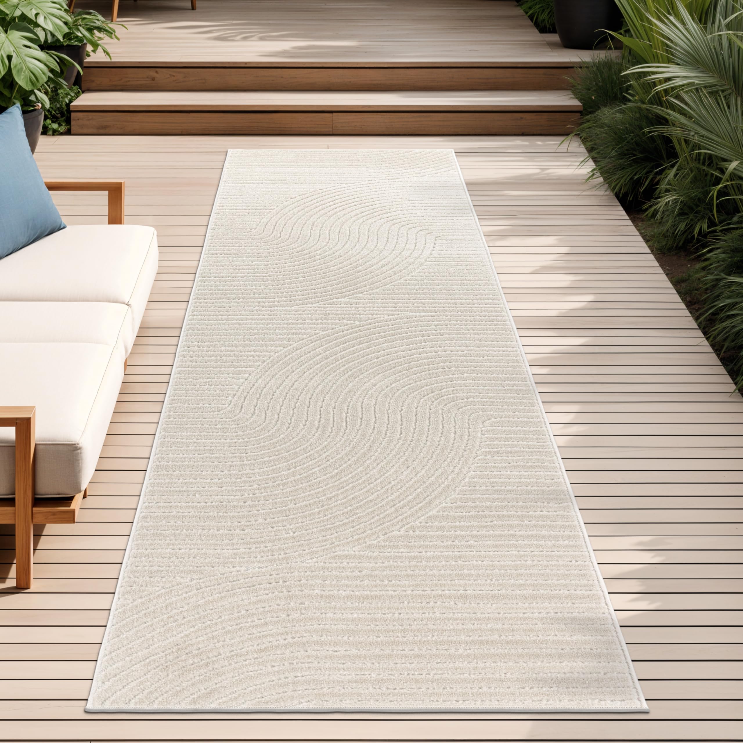 Paco Home Teppich In- & Outdoor, Moderne abstrakte Boho Designs mit 3D Struktur, robust & wetterfest, ideal für Terrasse Wohnzimmer & Küche, Grösse:80x150 cm, Farbe:Creme 2